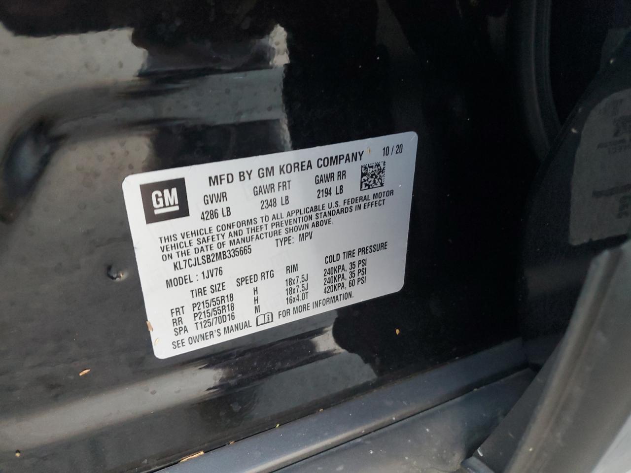 2021 Chevrolet Trax 1Lt VIN: KL7CJLSB2MB335665 Lot: 91129735