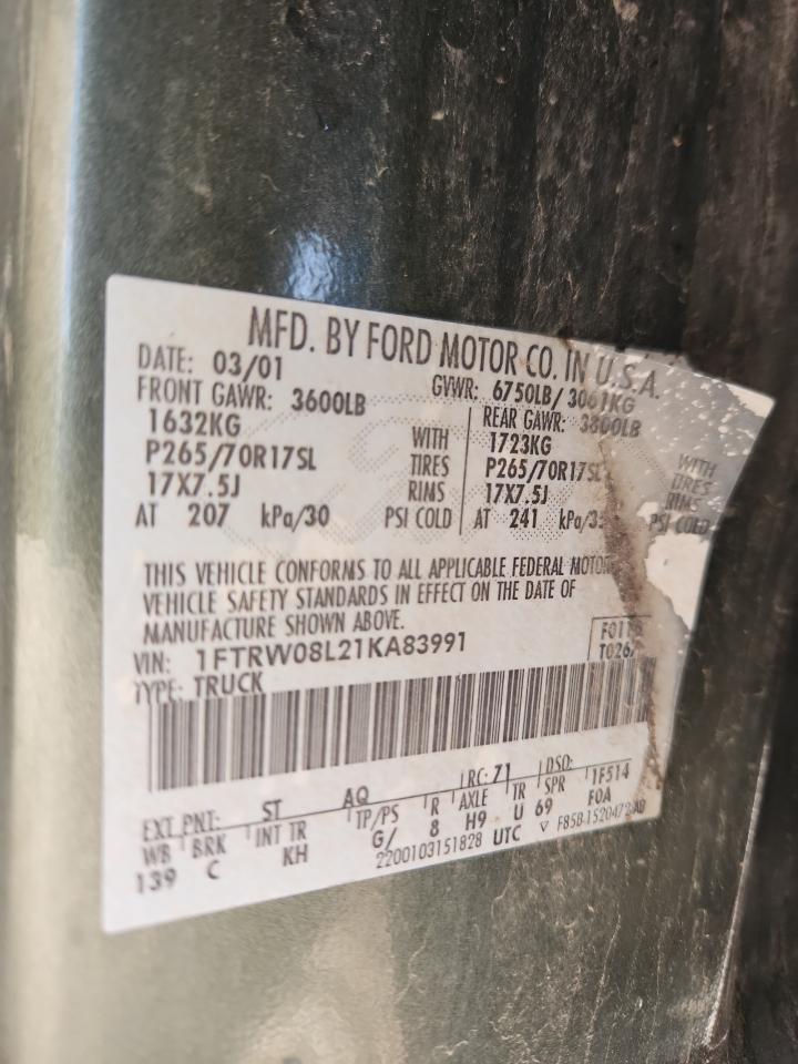 2001 Ford F150 Supercrew VIN: 1FTRW08L21KA83991 Lot: 91302665