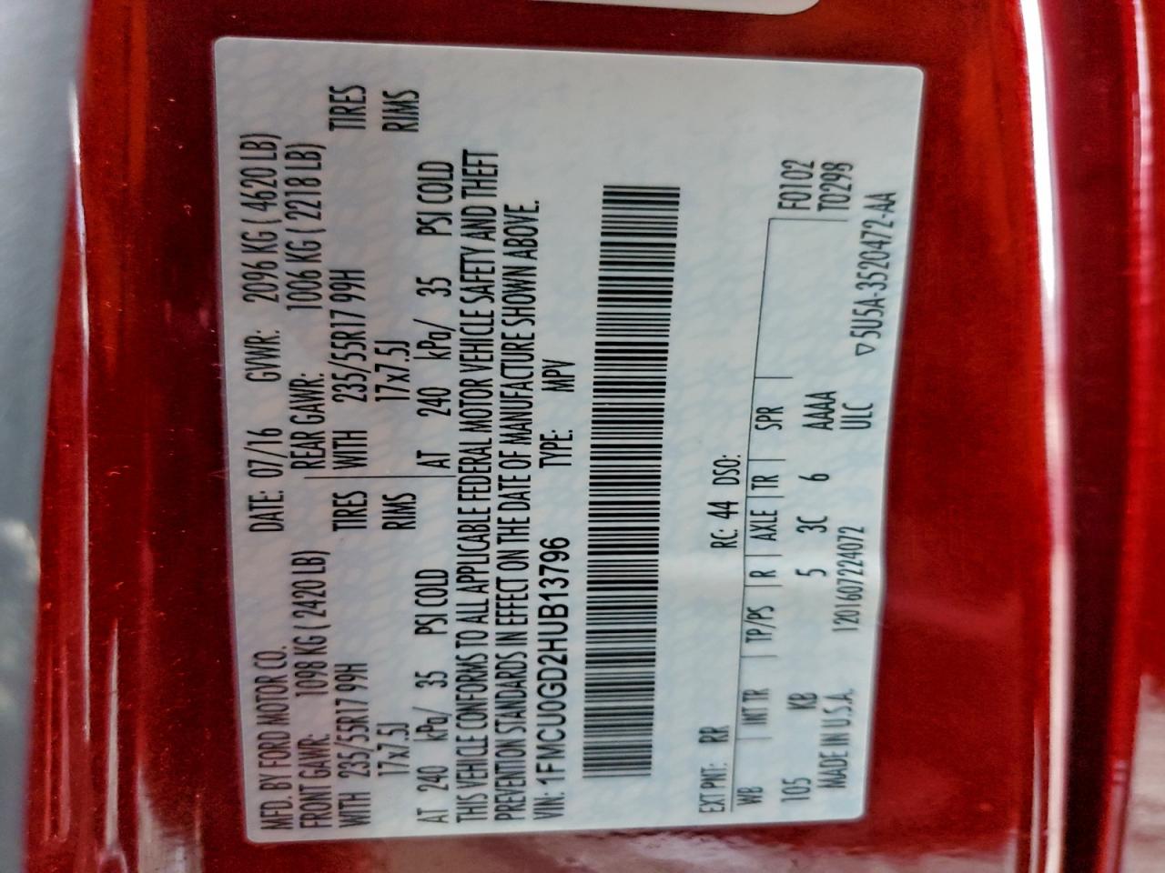 2017 Ford Escape Se VIN: 1FMCU0GD2HUB13796 Lot: 92989995