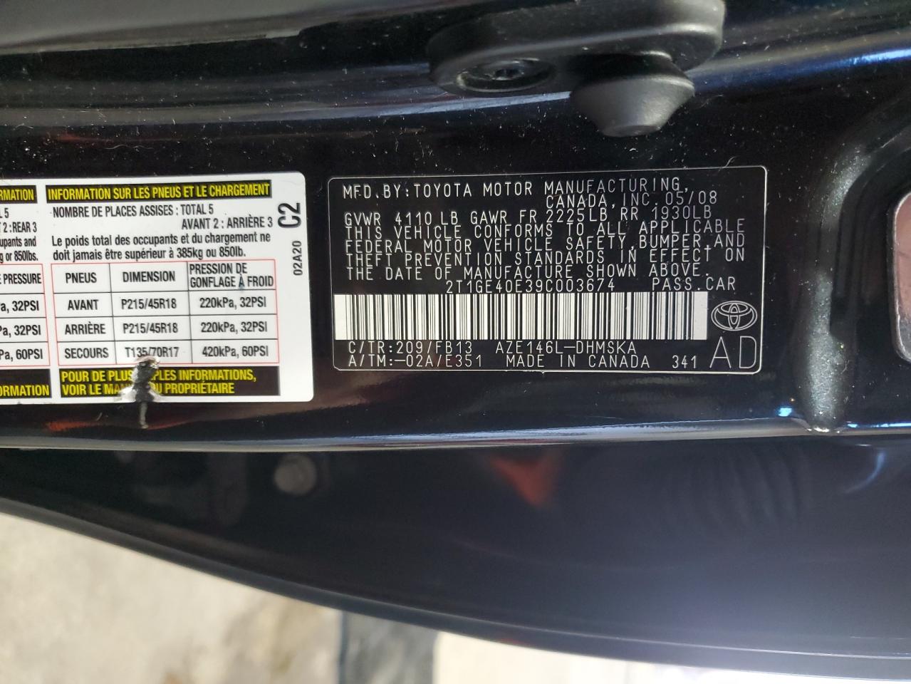 2009 Toyota Corolla Matrix Xrs VIN: 2T1GE40E39C003674 Lot: 90994425