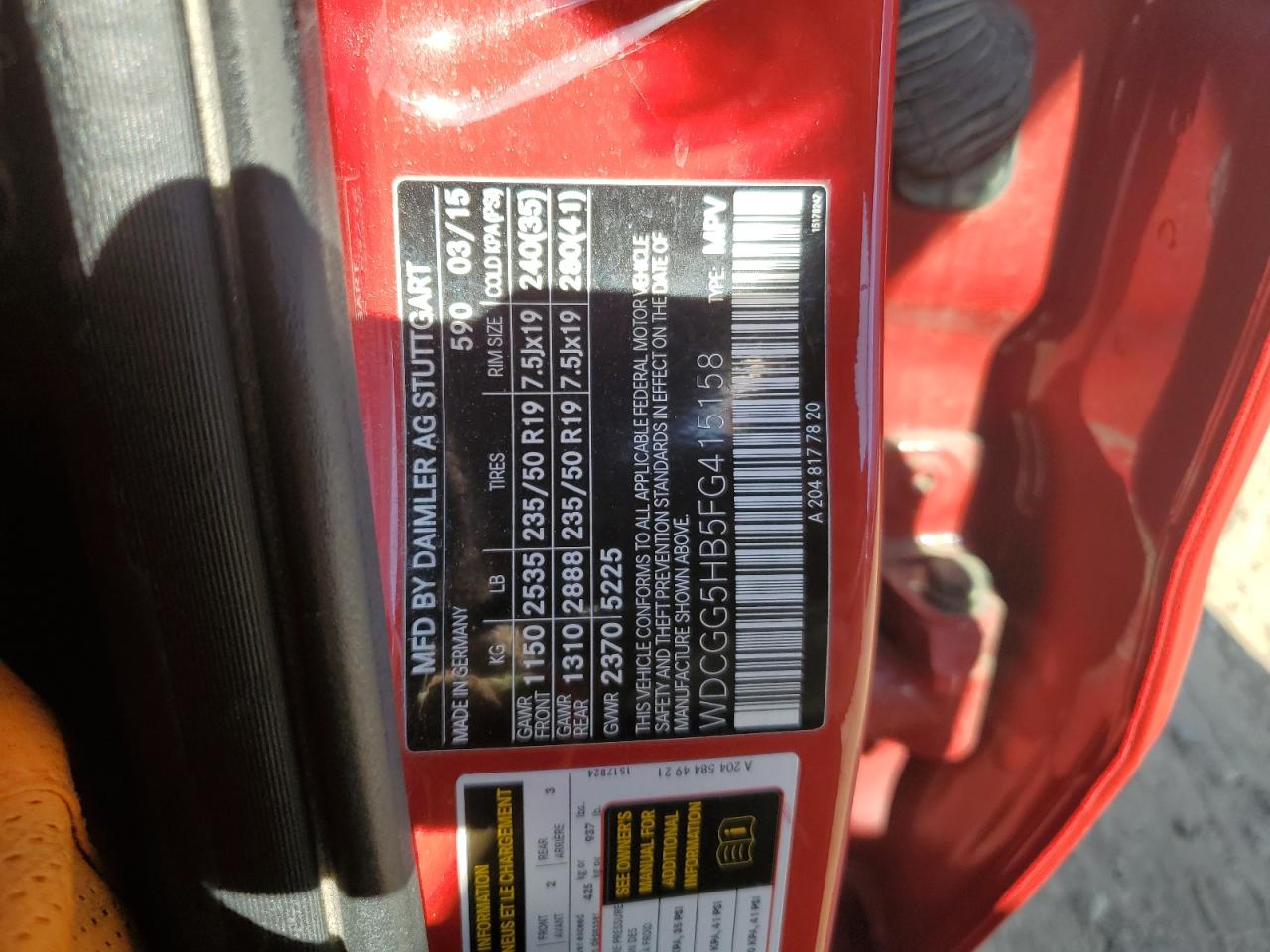 2015 Mercedes-Benz Glk 350 VIN: WDCGG5HB5FG415158 Lot: 92918145