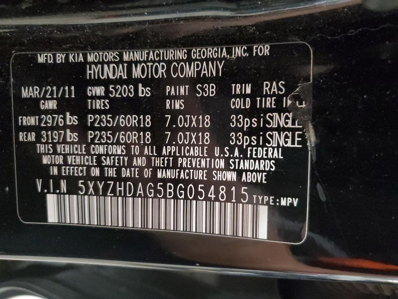 2011 Hyundai Santa Fe Se VIN: 5XYZHDAG5BG054815 Lot: 92952415