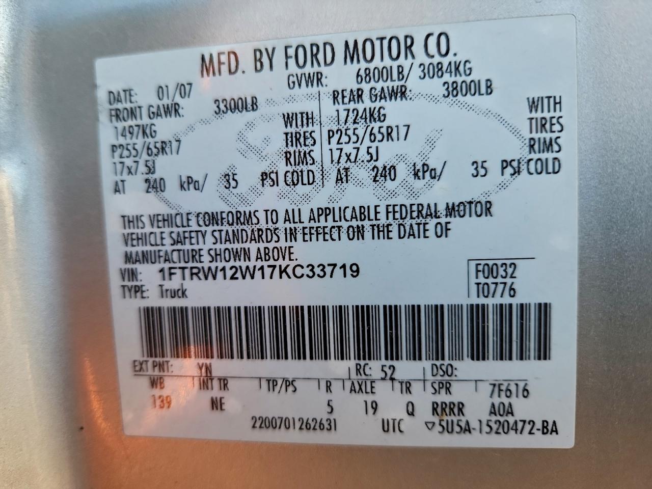 2007 Ford F150 Supercrew VIN: 1FTRW12W17KC33719 Lot: 94320715