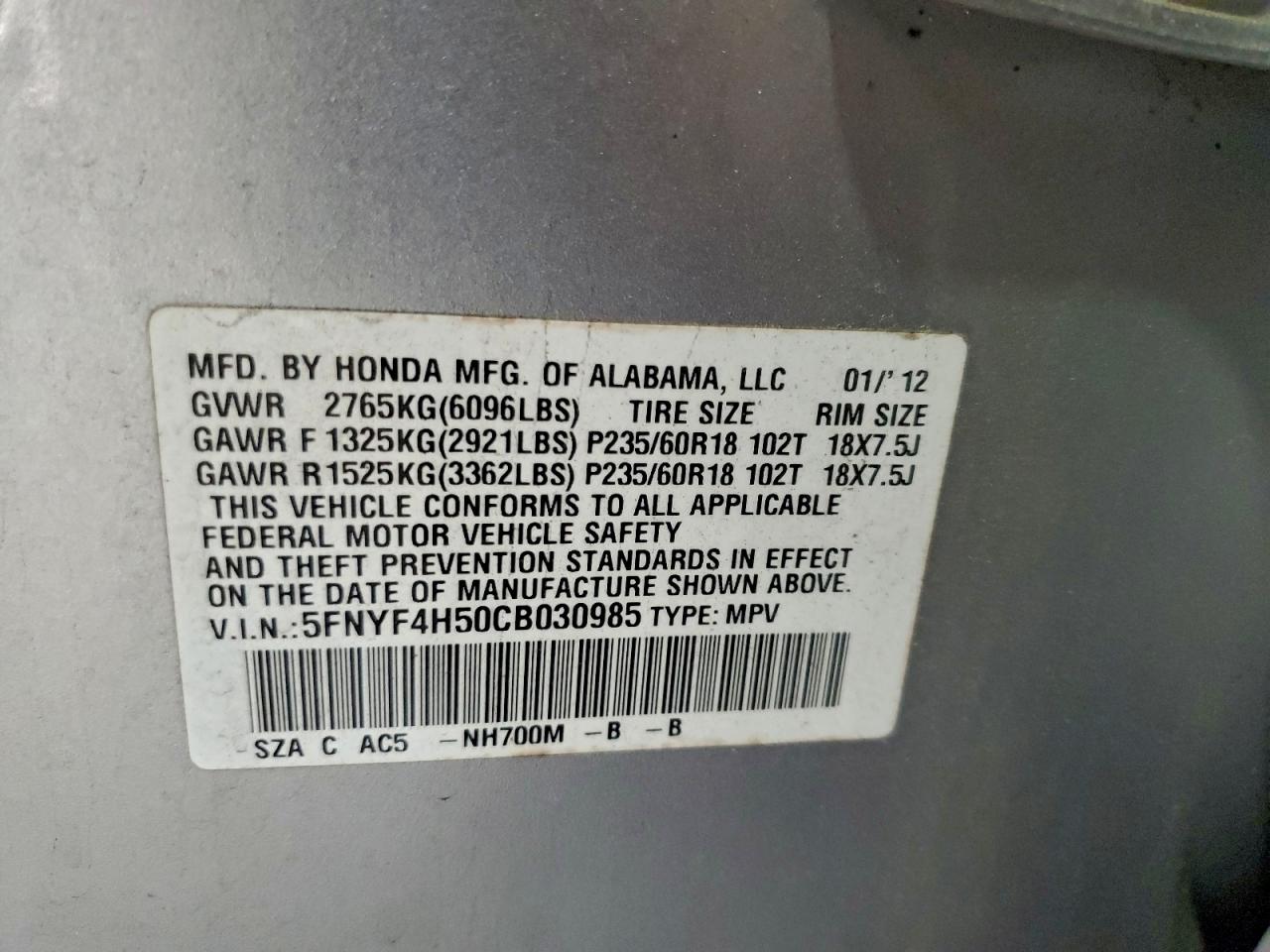 2012 Honda Pilot Exl VIN: 5FNYF4H50CB030985 Lot: 94753035