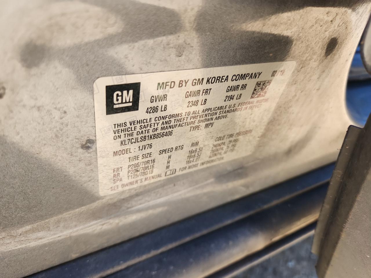 2019 Chevrolet Trax 1Lt VIN: KL7CJLSB1KB856406 Lot: 91630885