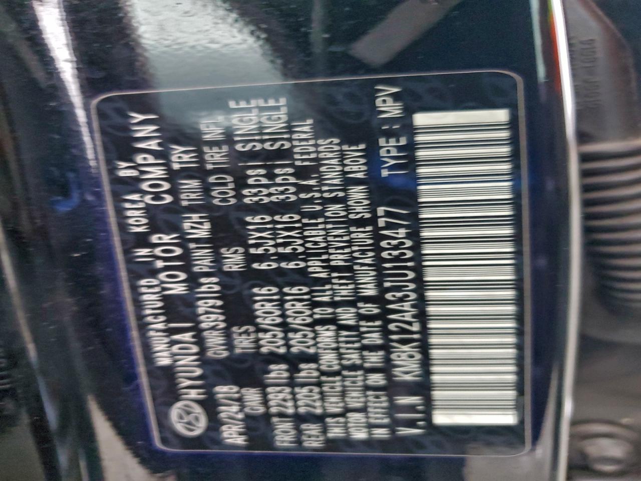 2018 Hyundai Kona Se VIN: KM8K12AA3JU133477 Lot: 94505325