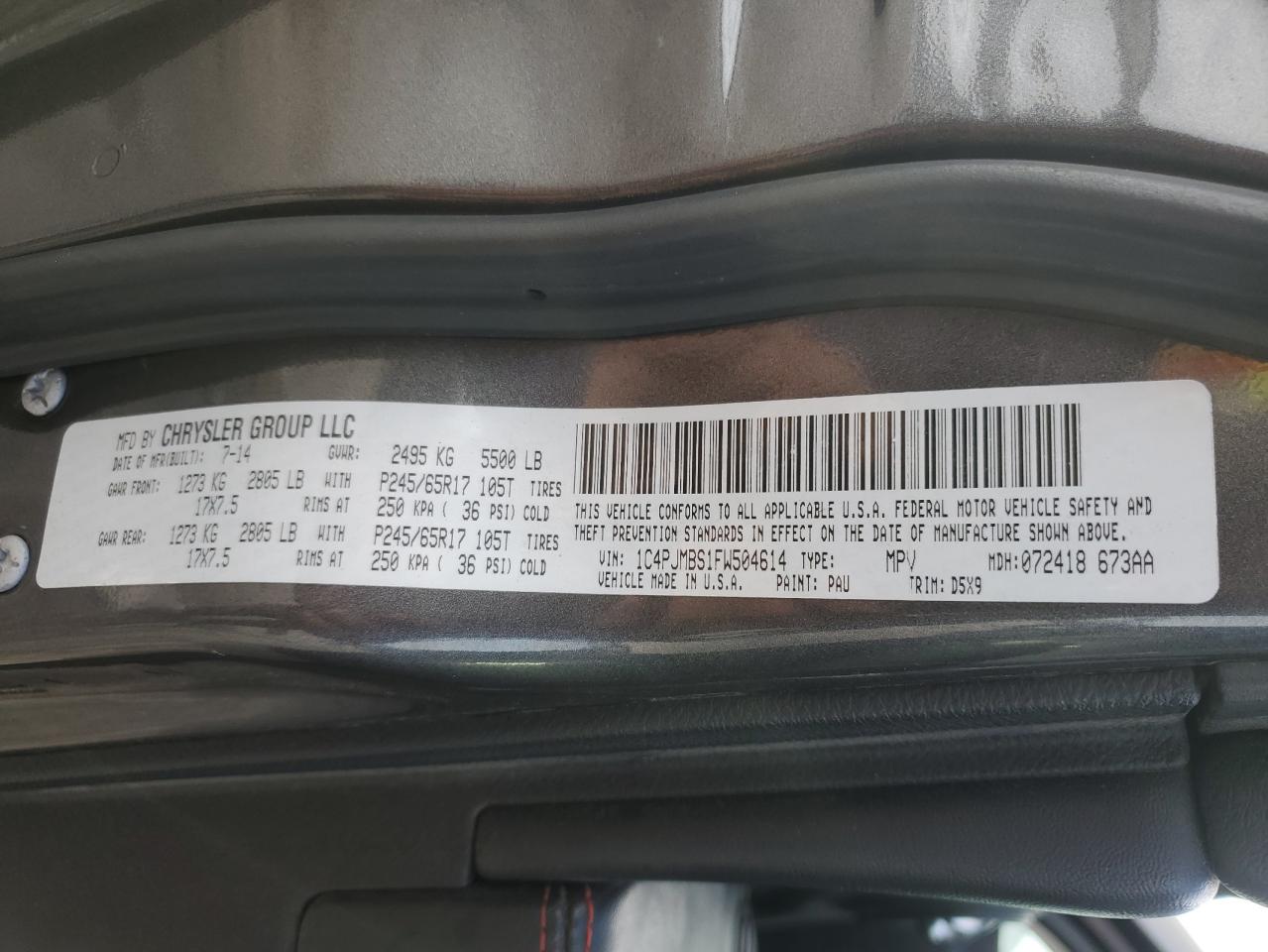 2015 Jeep Cherokee Trailhawk VIN: 1C4PJMBS1FW504614 Lot: 91940325