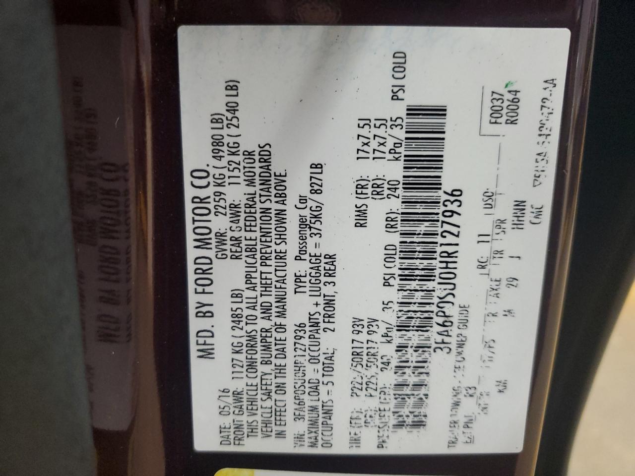 2017 Ford Fusion Titanium Phev VIN: 3FA6P0SU0HR127936 Lot: 90383535