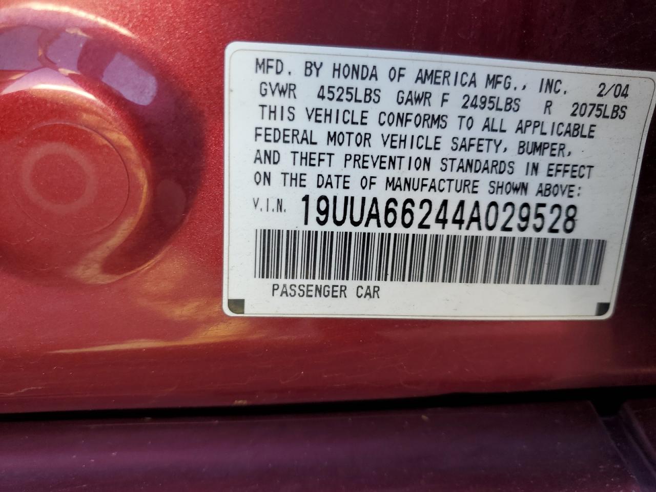 2004 Acura Tl VIN: 19UUA66244A029528 Lot: 91024915