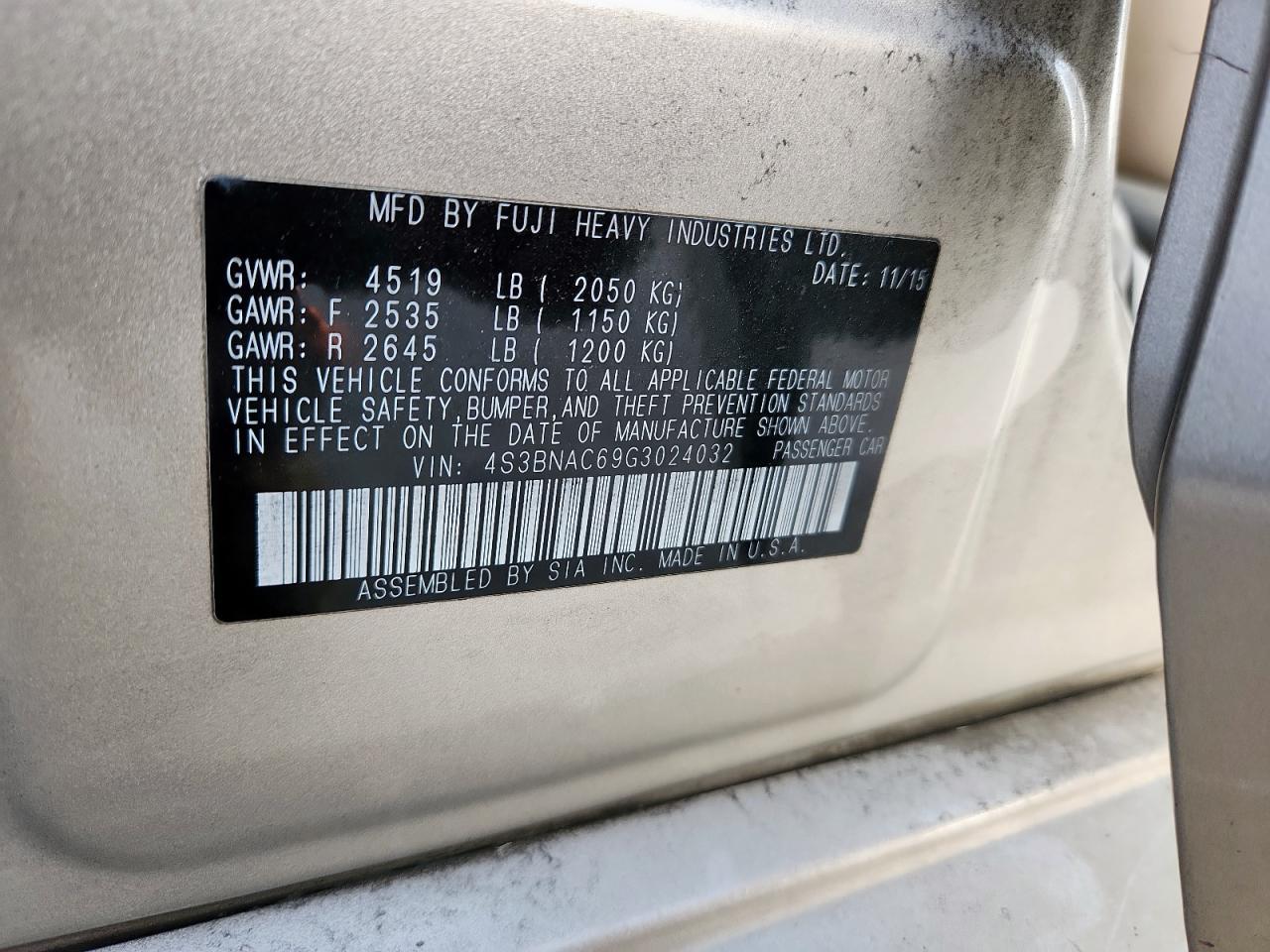 2016 Subaru Legacy 2.5I Premium VIN: 4S3BNAC69G3024032 Lot: 93217315