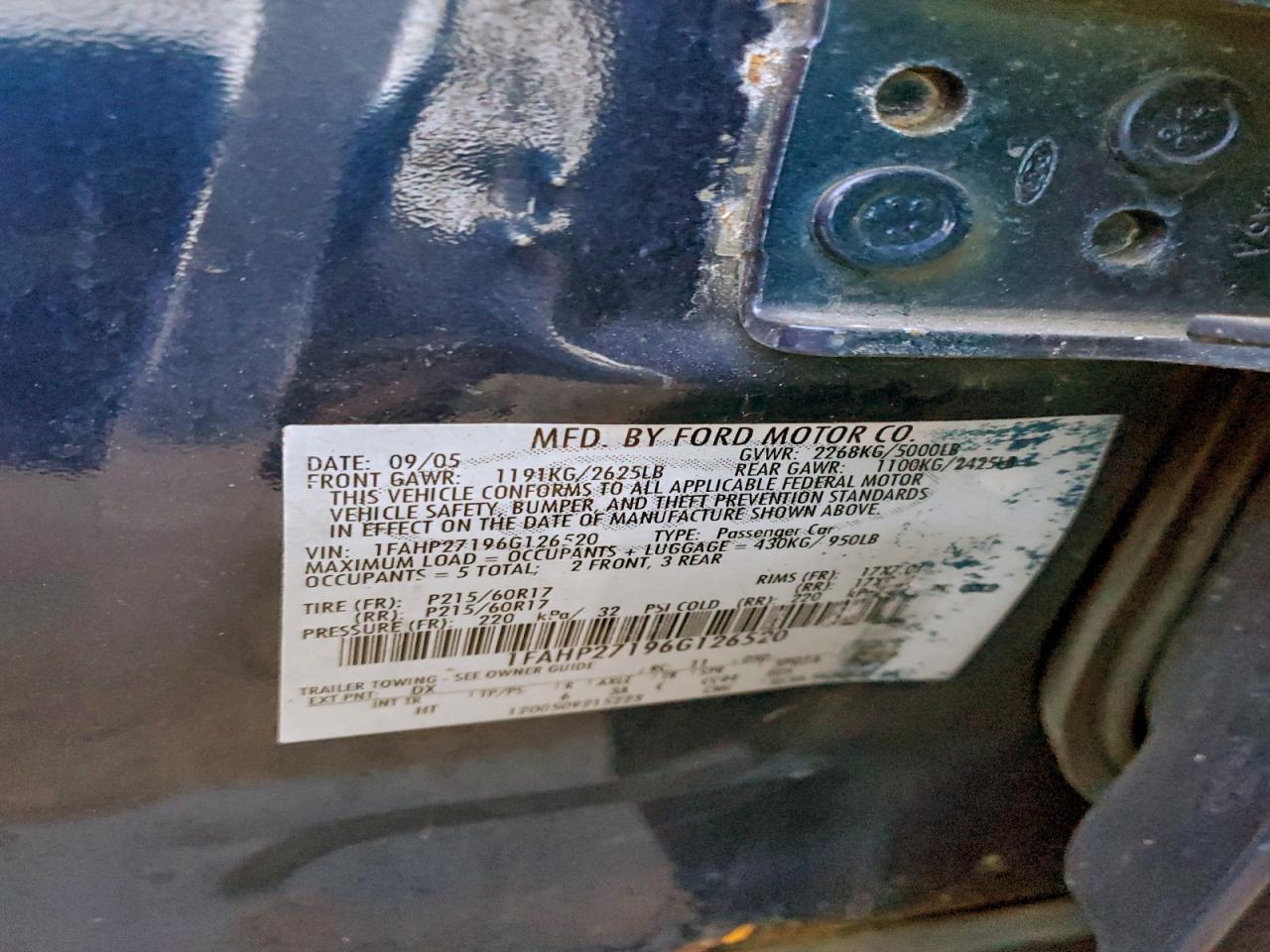 2006 Ford Five Hundred Sel VIN: 1FAHP27196G126520 Lot: 93295725