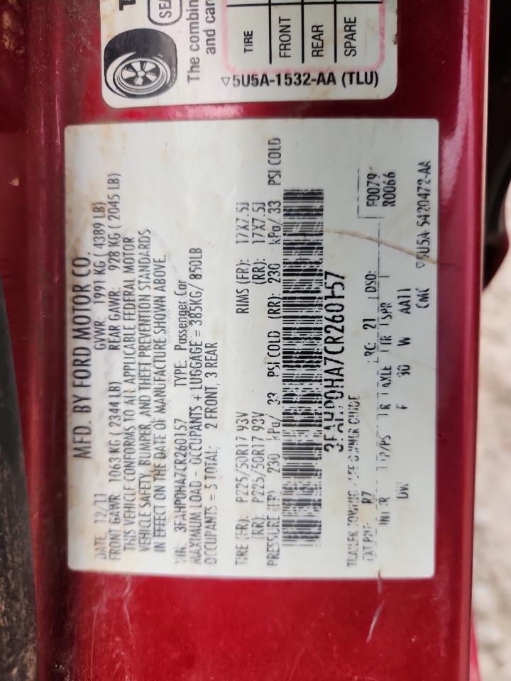 2012 Ford Fusion Se VIN: 3FAHP0HA7CR260157 Lot: 92901635