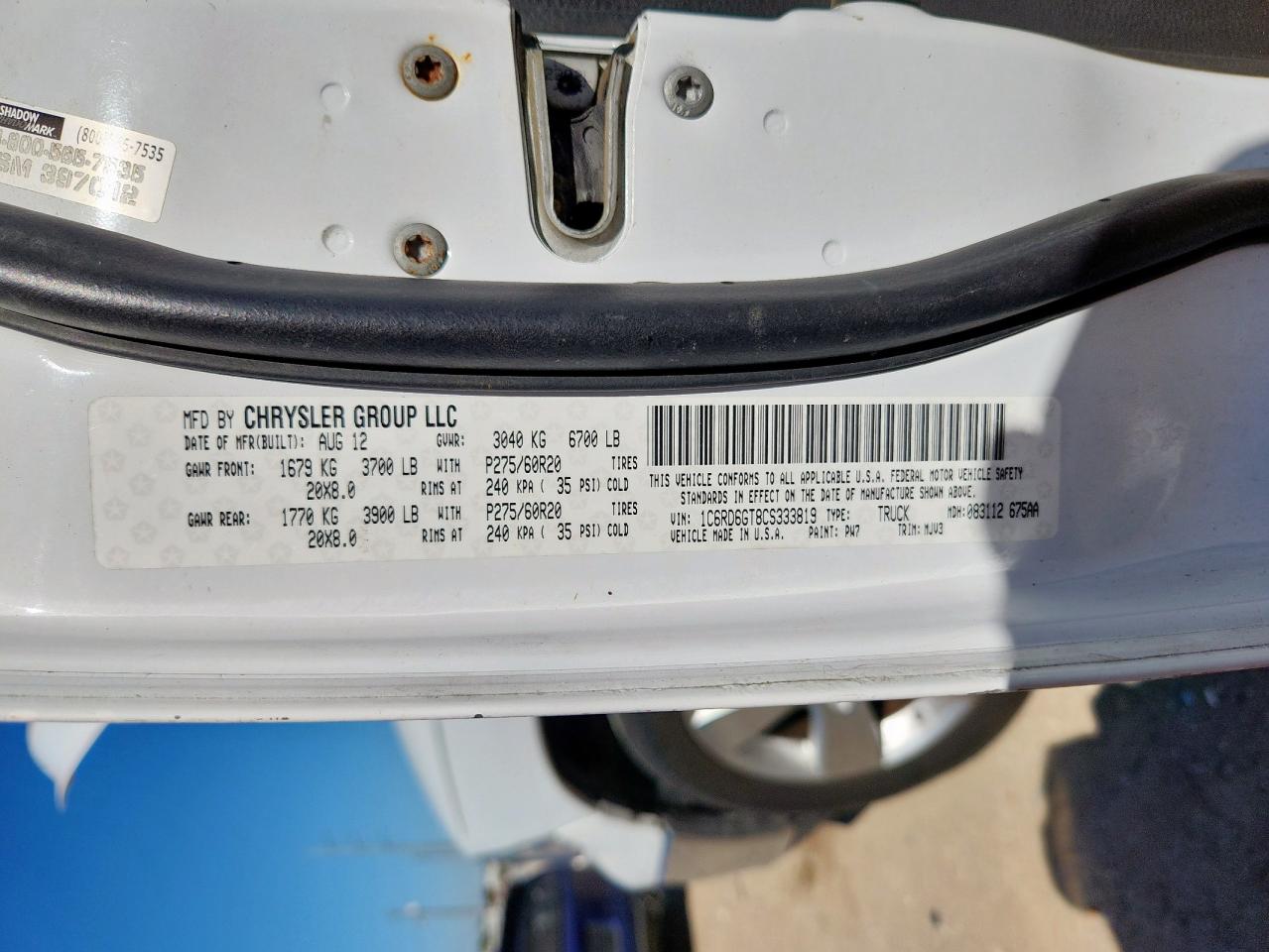 2012 Dodge Ram 1500 Slt VIN: 1C6RD6GT8CS333819 Lot: 91637915