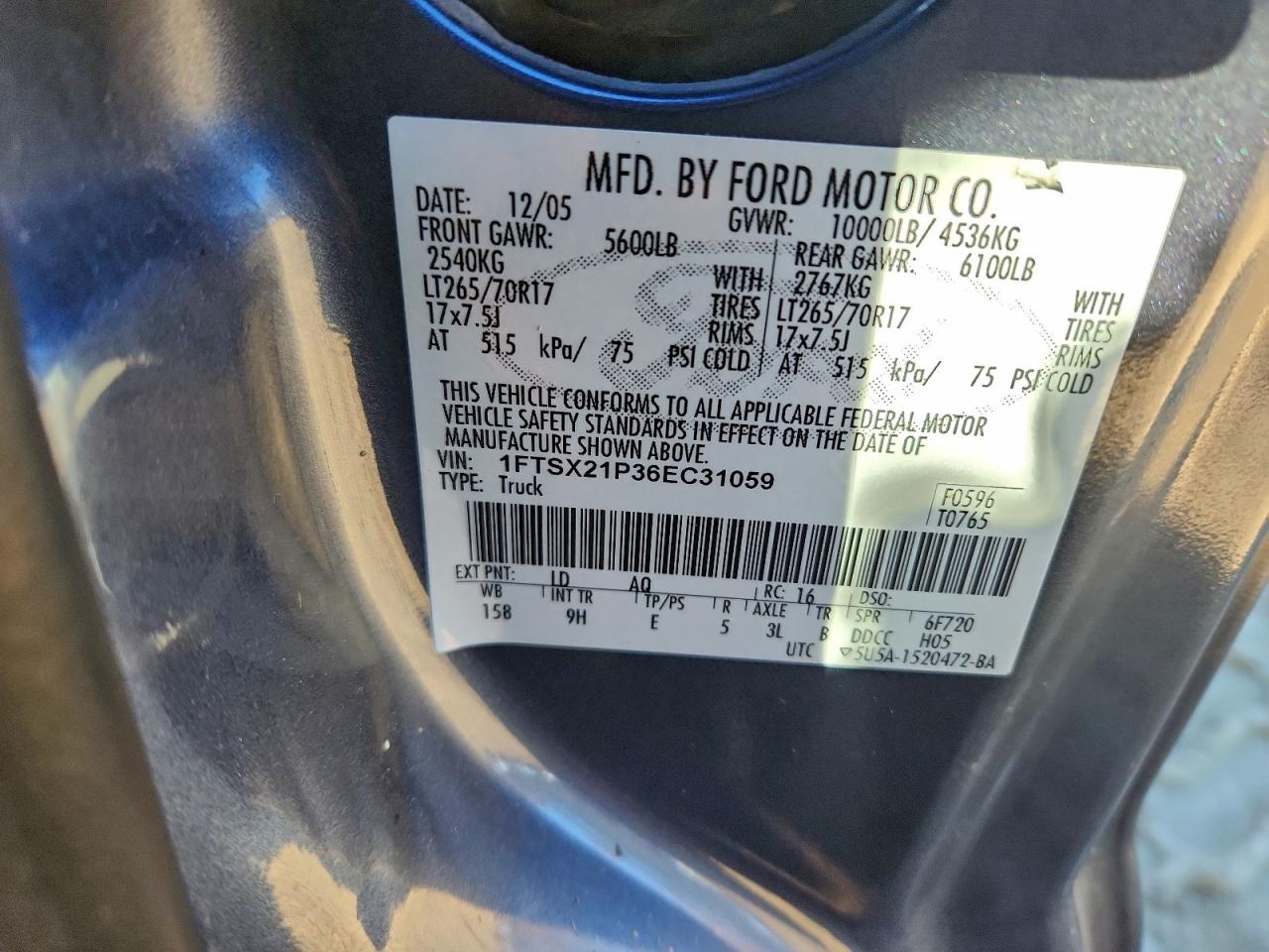 2006 Ford F250 Super Duty VIN: 1FTSX21P36EC31059 Lot: 94102835