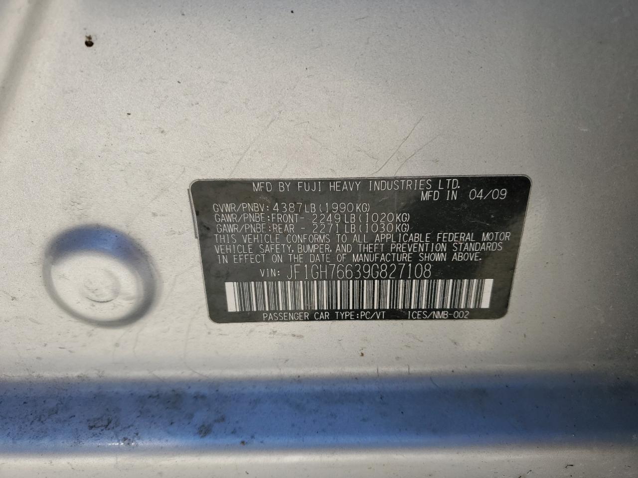 2009 Subaru Impreza Wrx VIN: JF1GH76639G827108 Lot: 92207565