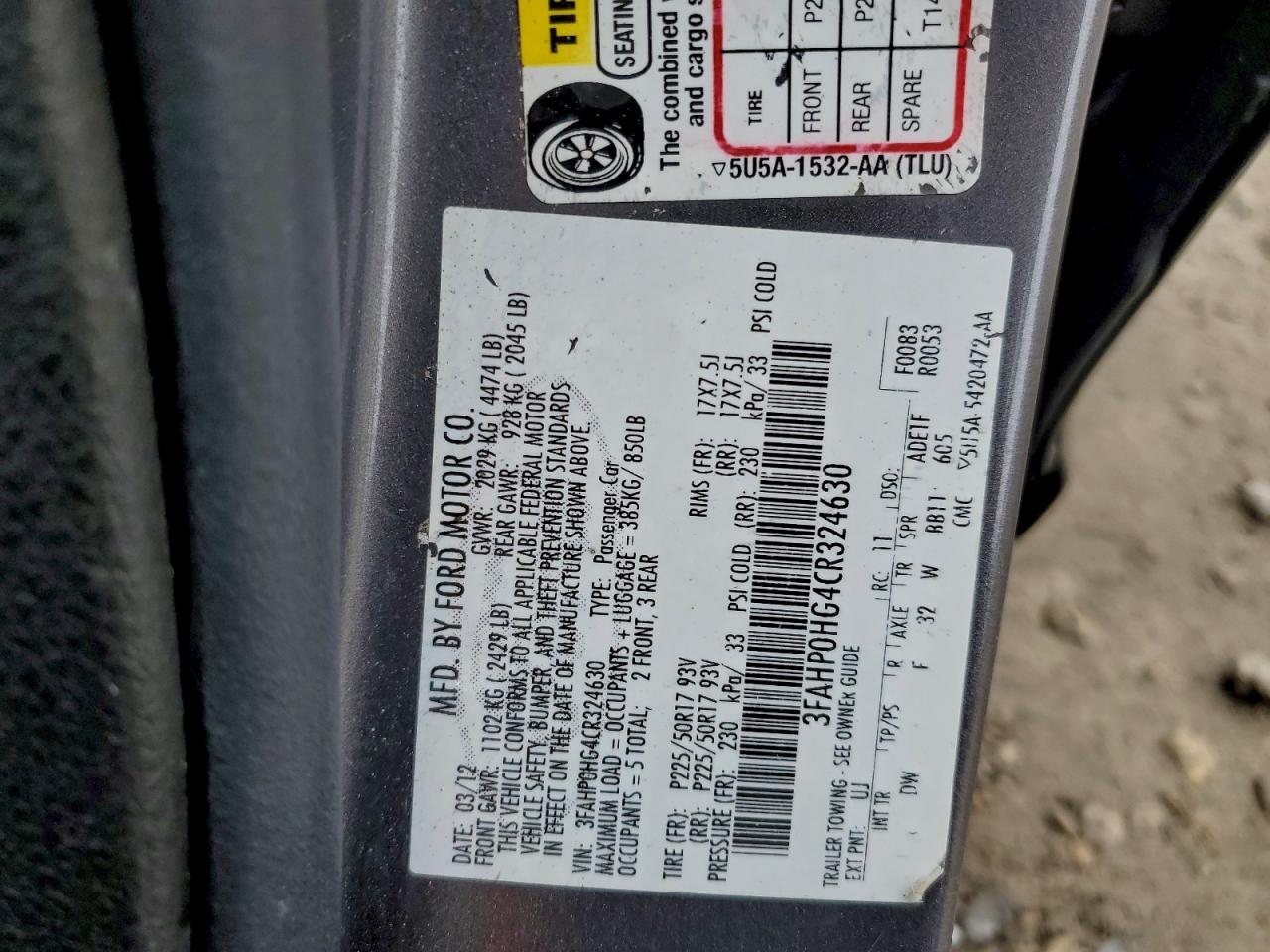 2012 Ford Fusion Se VIN: 3FAHP0HG4CR324630 Lot: 93897595