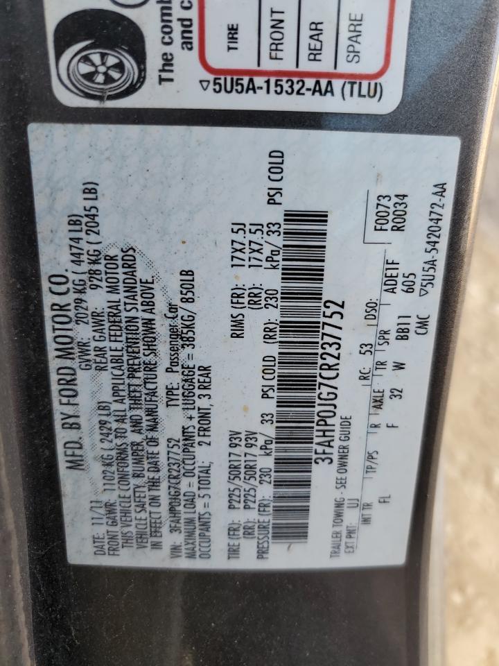 2012 Ford Fusion Sel VIN: 3FAHP0JG7CR237752 Lot: 92926955