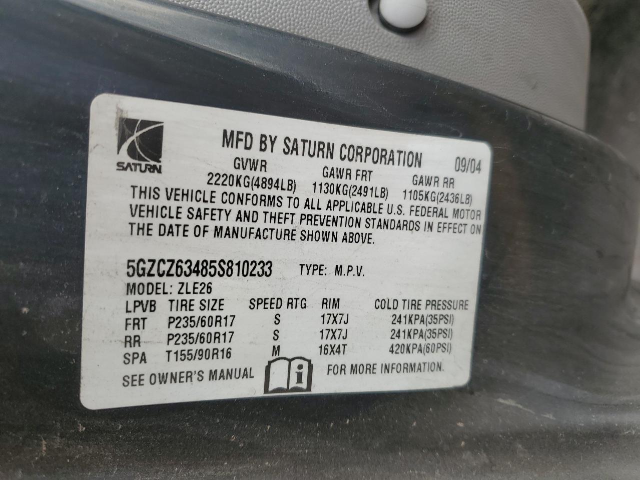 2005 Saturn Vue VIN: 5GZCZ63485S810233 Lot: 92889345