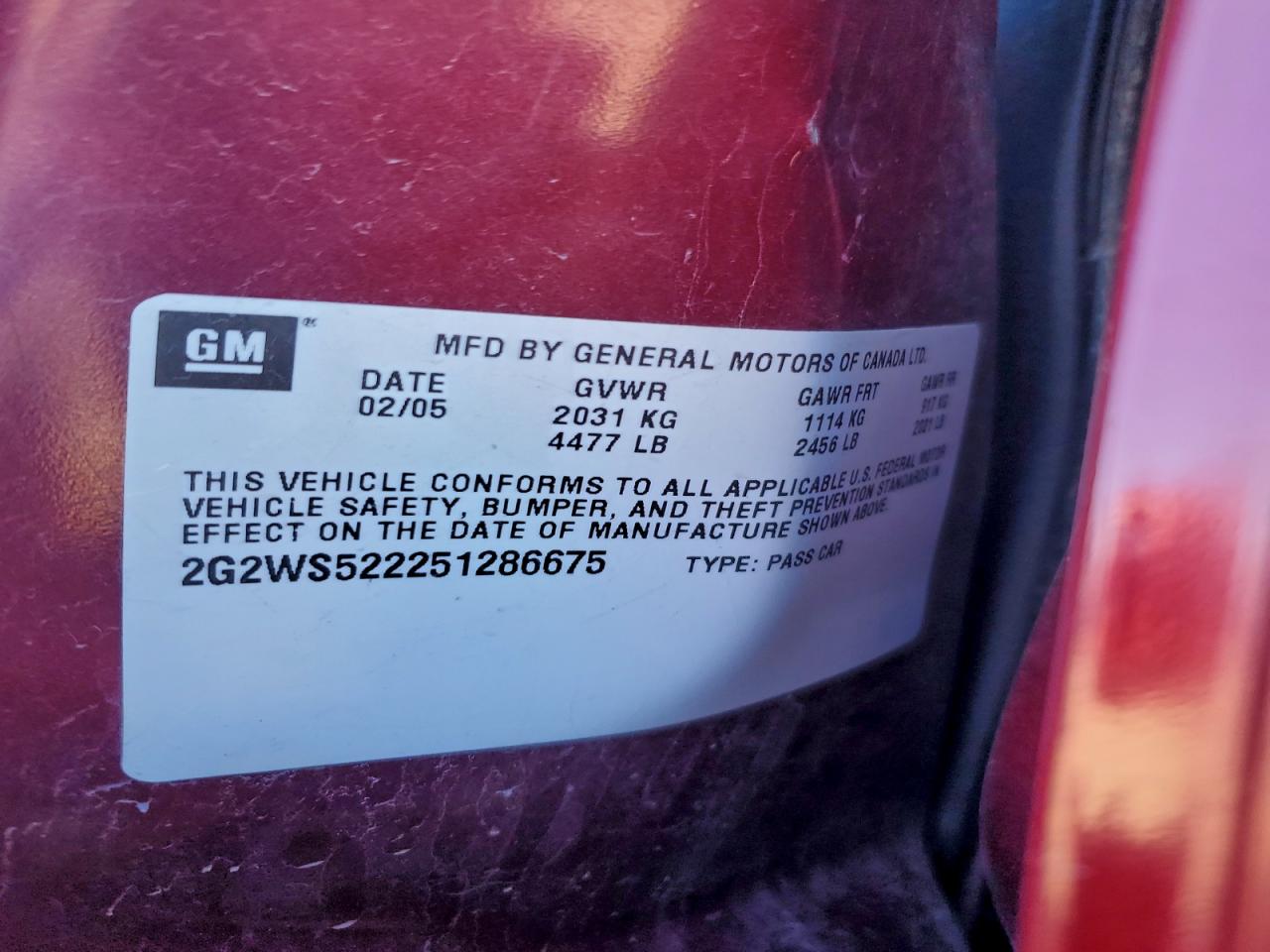 2005 Pontiac Grand Prix Gt VIN: 2G2WS522251286675 Lot: 94688395