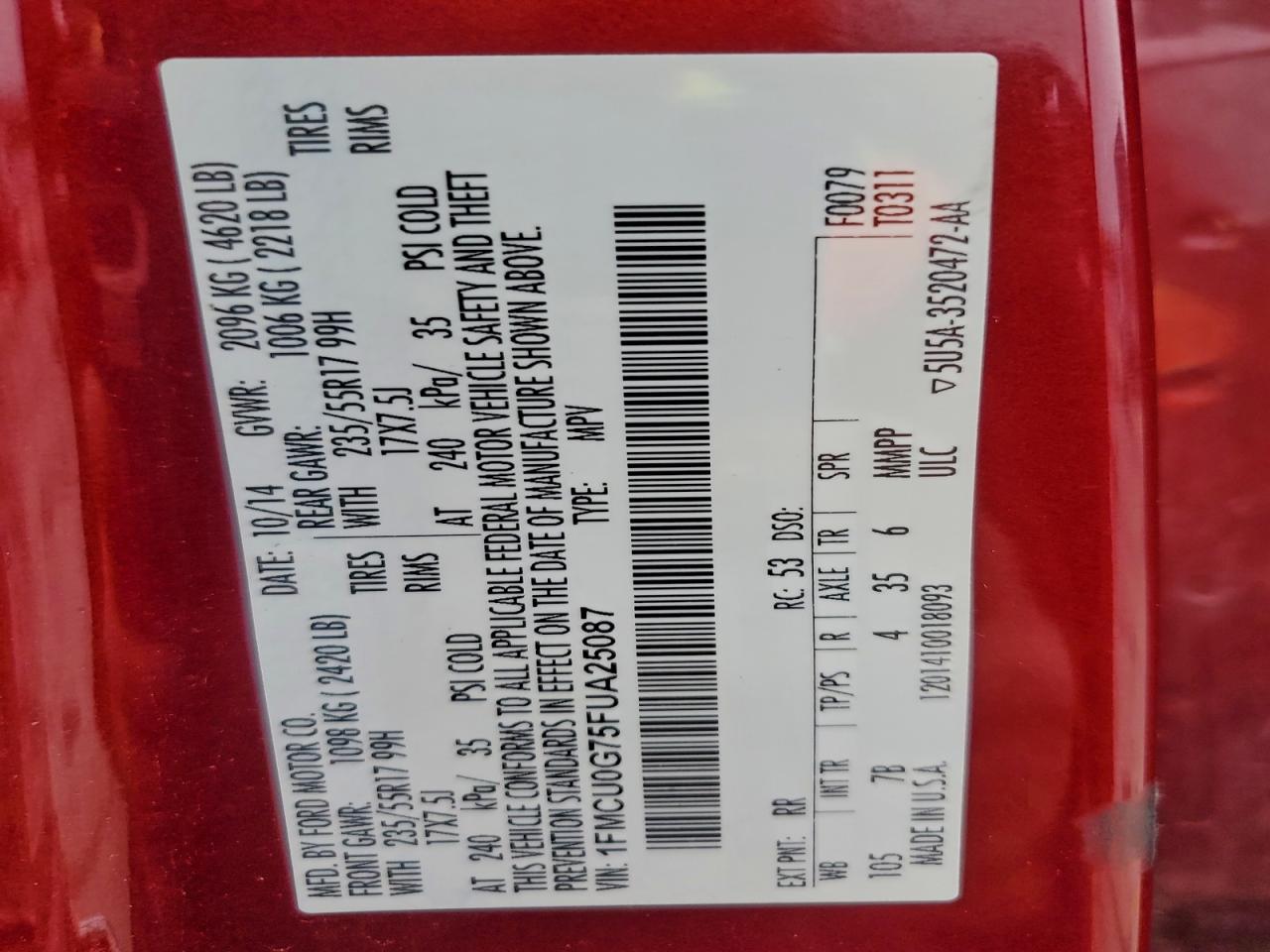 2015 Ford Escape Se VIN: 1FMCU0G75FUA25087 Lot: 93346255