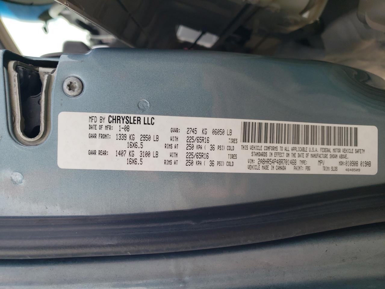 2008 Chrysler Town & Country Touring VIN: 2A8HR54P48R701468 Lot: 92985935