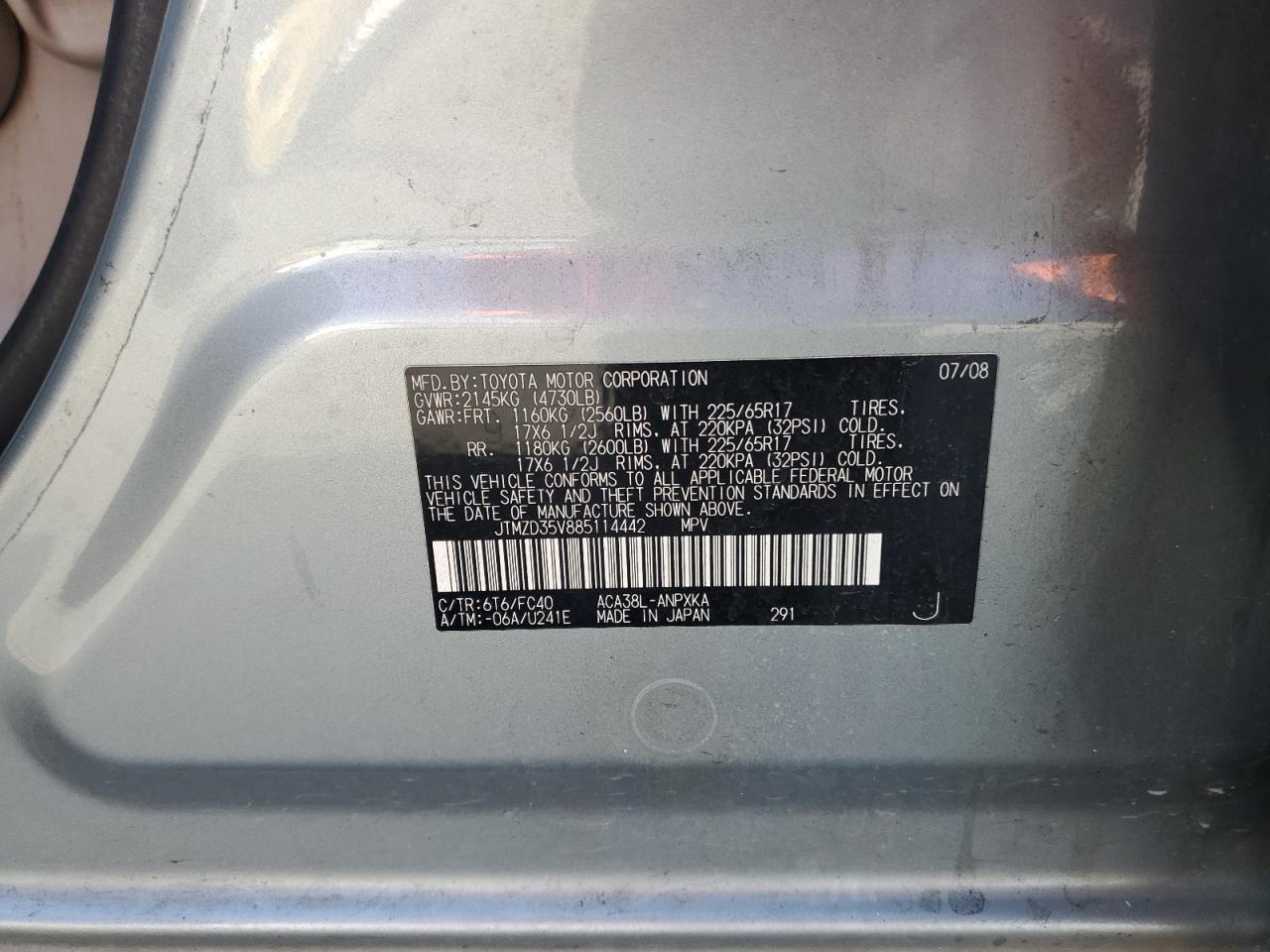 2008 Toyota Rav4 VIN: JTMZD35V885114442 Lot: 90953195