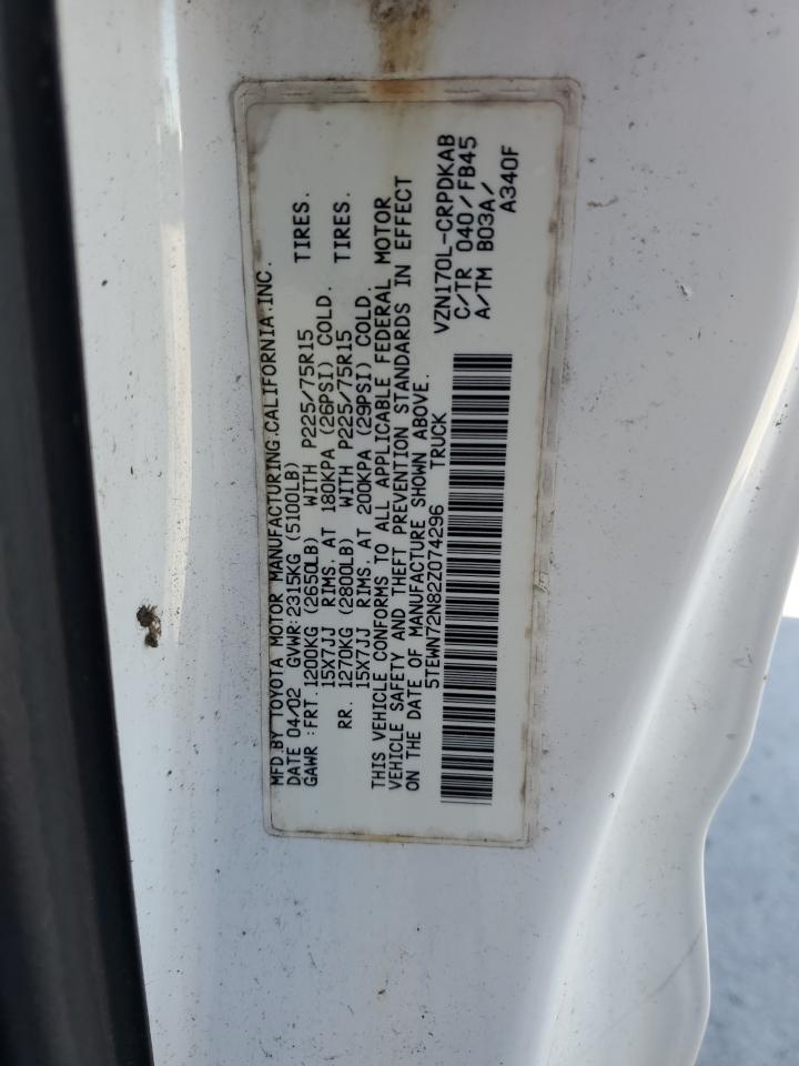 2002 Toyota Tacoma Xtracab VIN: 5TEWN72N82Z074296 Lot: 91294865