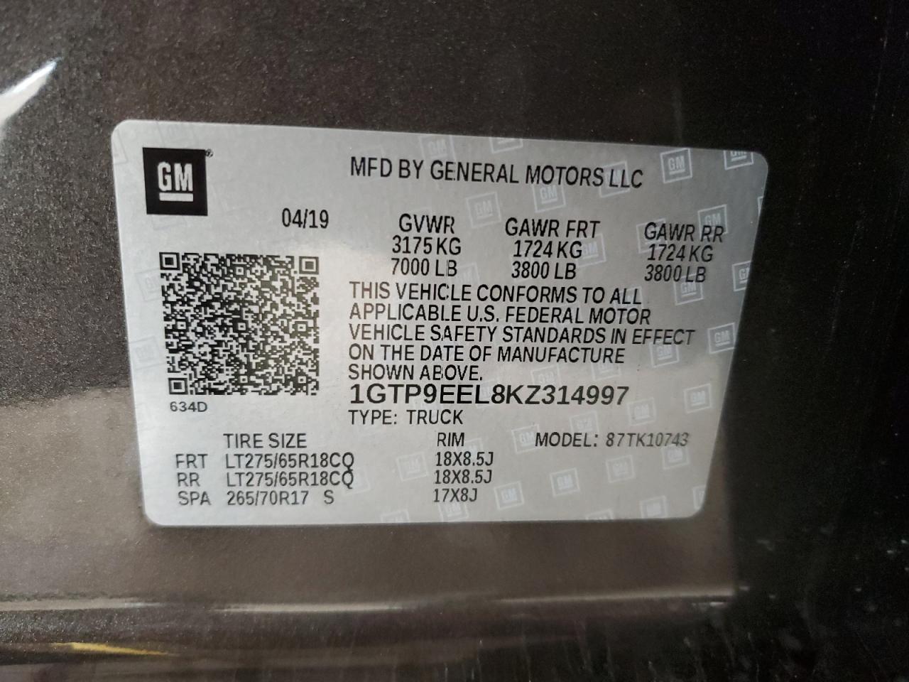 2019 GMC Sierra K1500 At4 VIN: 1GTP9EEL8KZ314997 Lot: 93460215