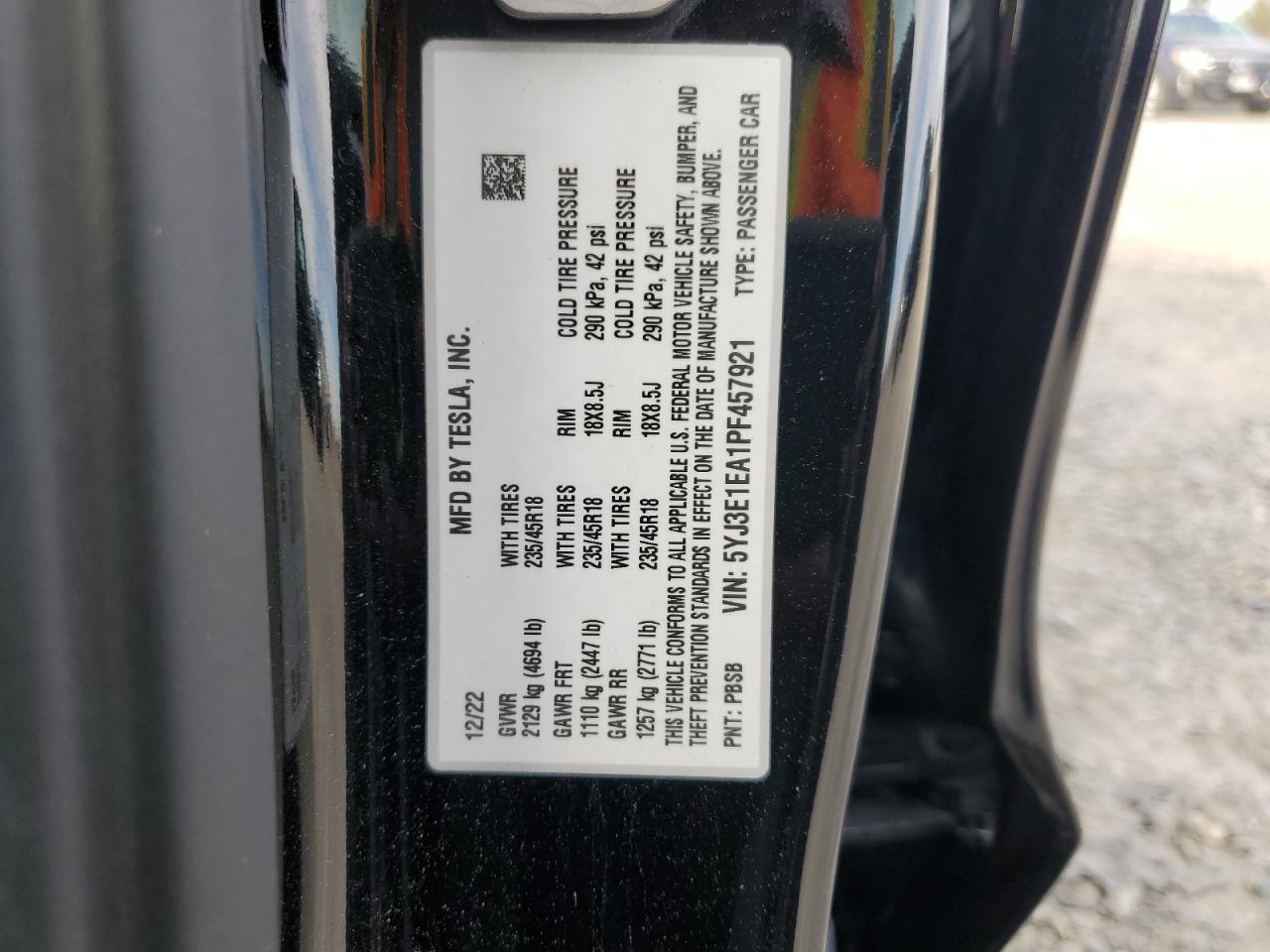 2023 Tesla Model 3 VIN: 5YJ3E1EA1PF457921 Lot: 92446035