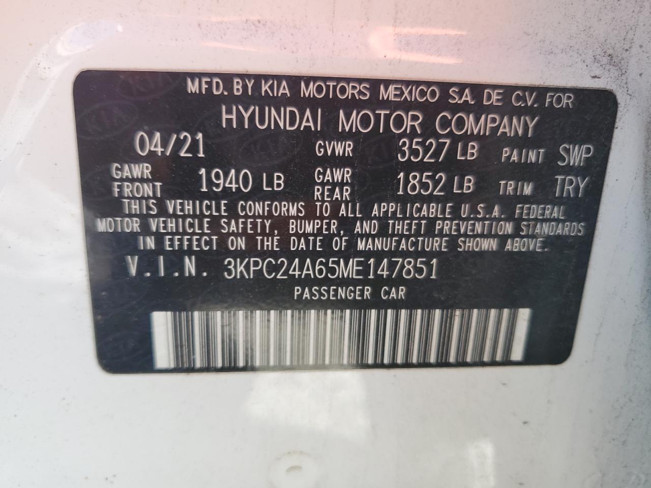 2021 Hyundai Accent Se VIN: 3KPC24A65ME147851 Lot: 90787905