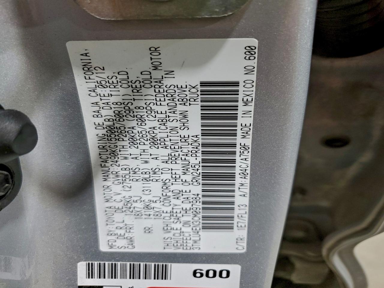 2012 Toyota Tacoma Double Cab VIN: 3TMLU4EN3CM097984 Lot: 94770595