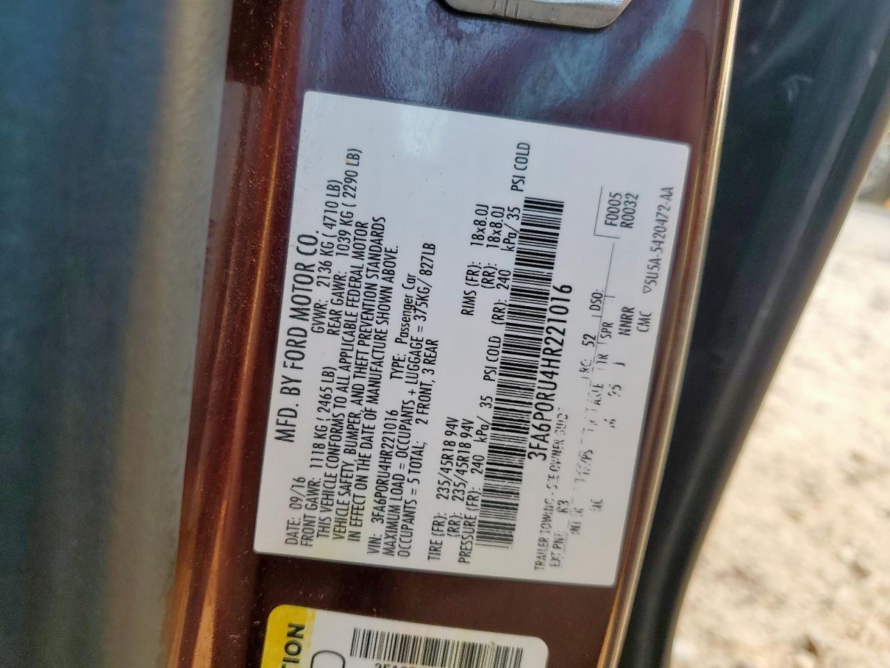 2017 Ford Fusion Titanium Hev VIN: 3FA6P0RU4HR221016 Lot: 93508415