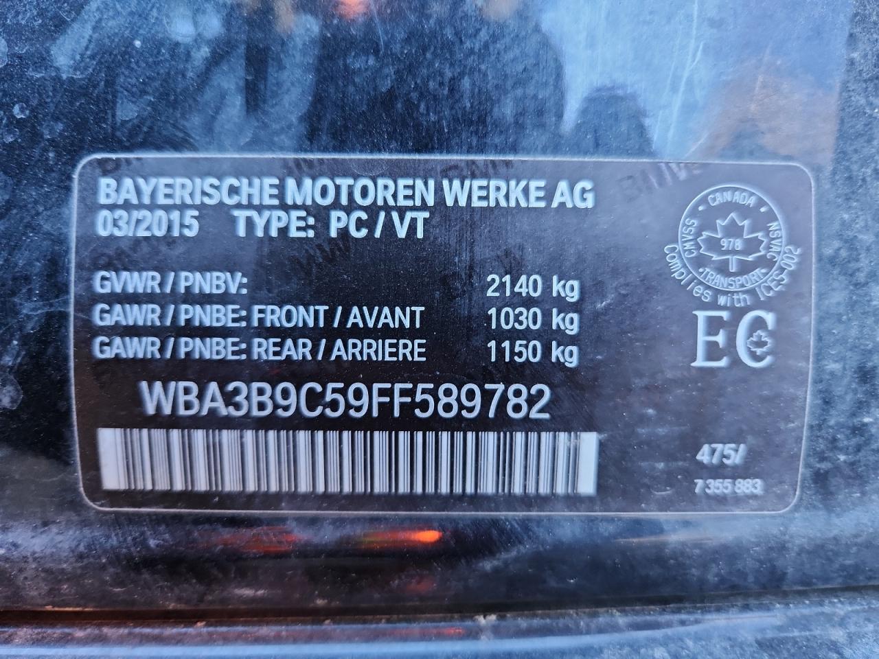 2015 BMW 335 Xi VIN: WBA3B9C59FF589782 Lot: 93602135