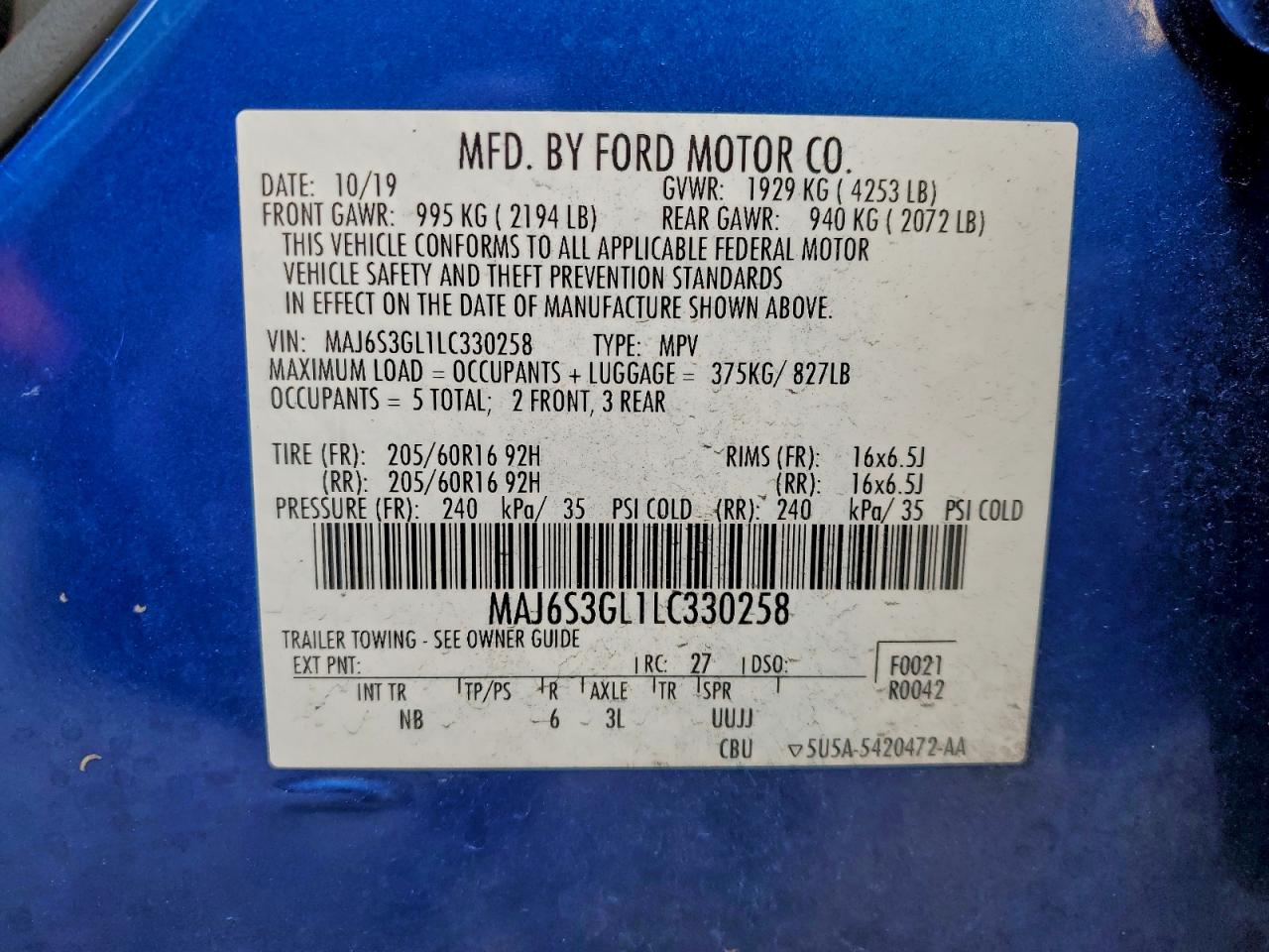 2020 Ford Ecosport Se VIN: MAJ6S3GL1LC330258 Lot: 94165545