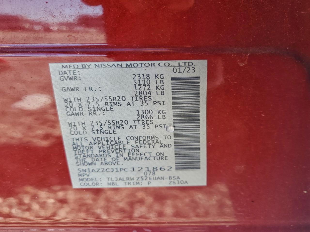 2023 Nissan Murano Sl VIN: 5N1AZ2CJ1PC121862 Lot: 93824975