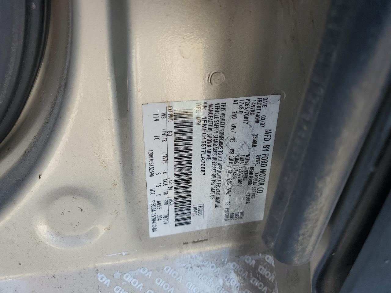 2007 Ford Expedition Xlt VIN: 1FMFU15577LA70687 Lot: 94060045