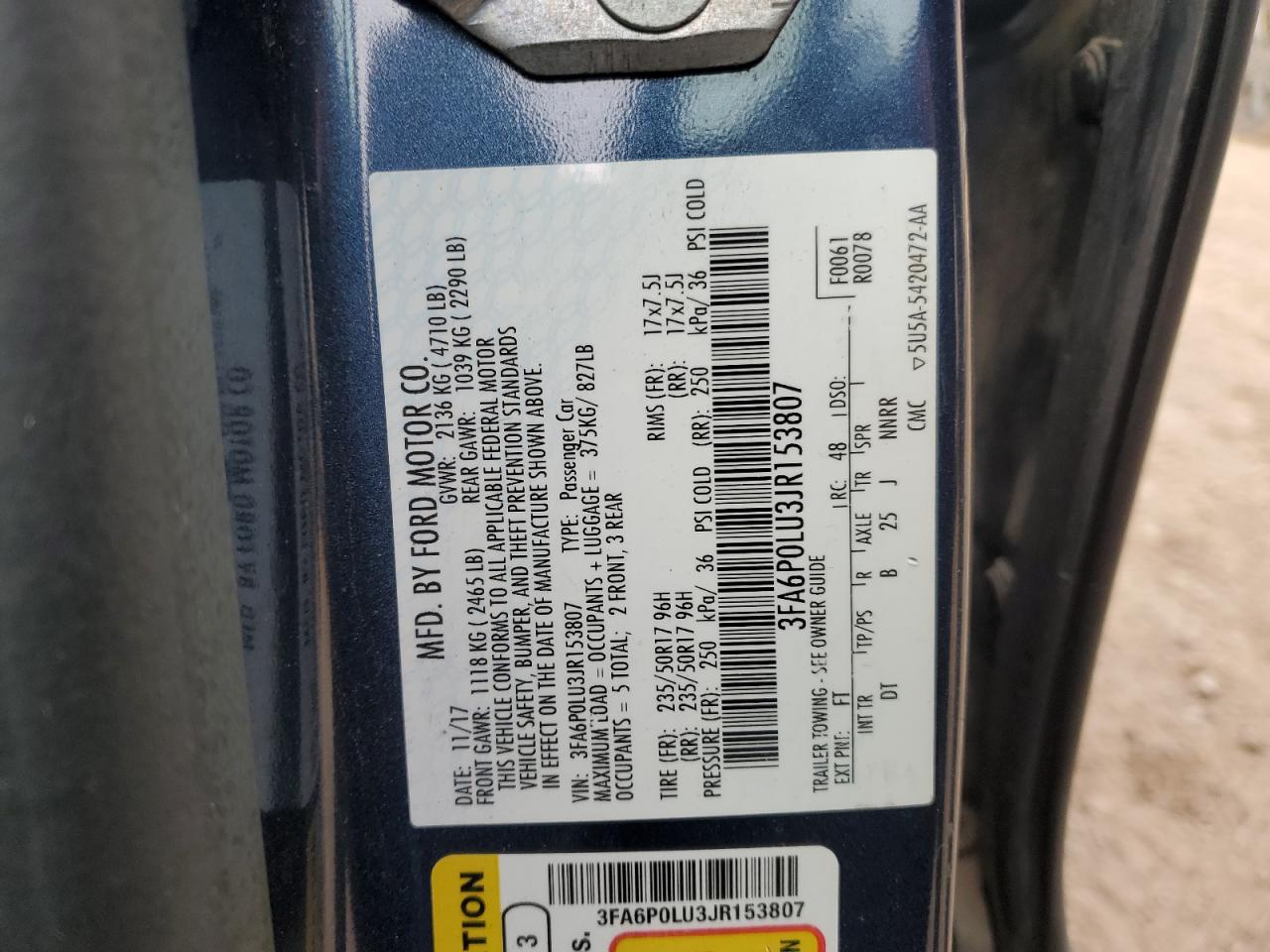 2018 Ford Fusion Se Hybrid VIN: 3FA6P0LU3JR153807 Lot: 93038255