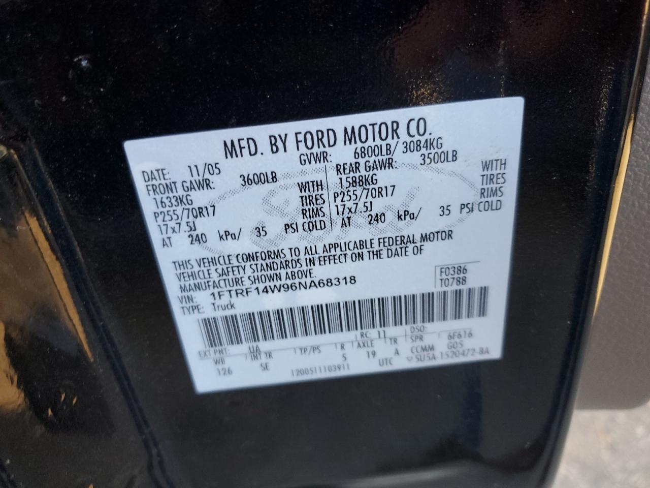 2006 Ford F150 VIN: 1FTRF14W96NA68318 Lot: 93145885