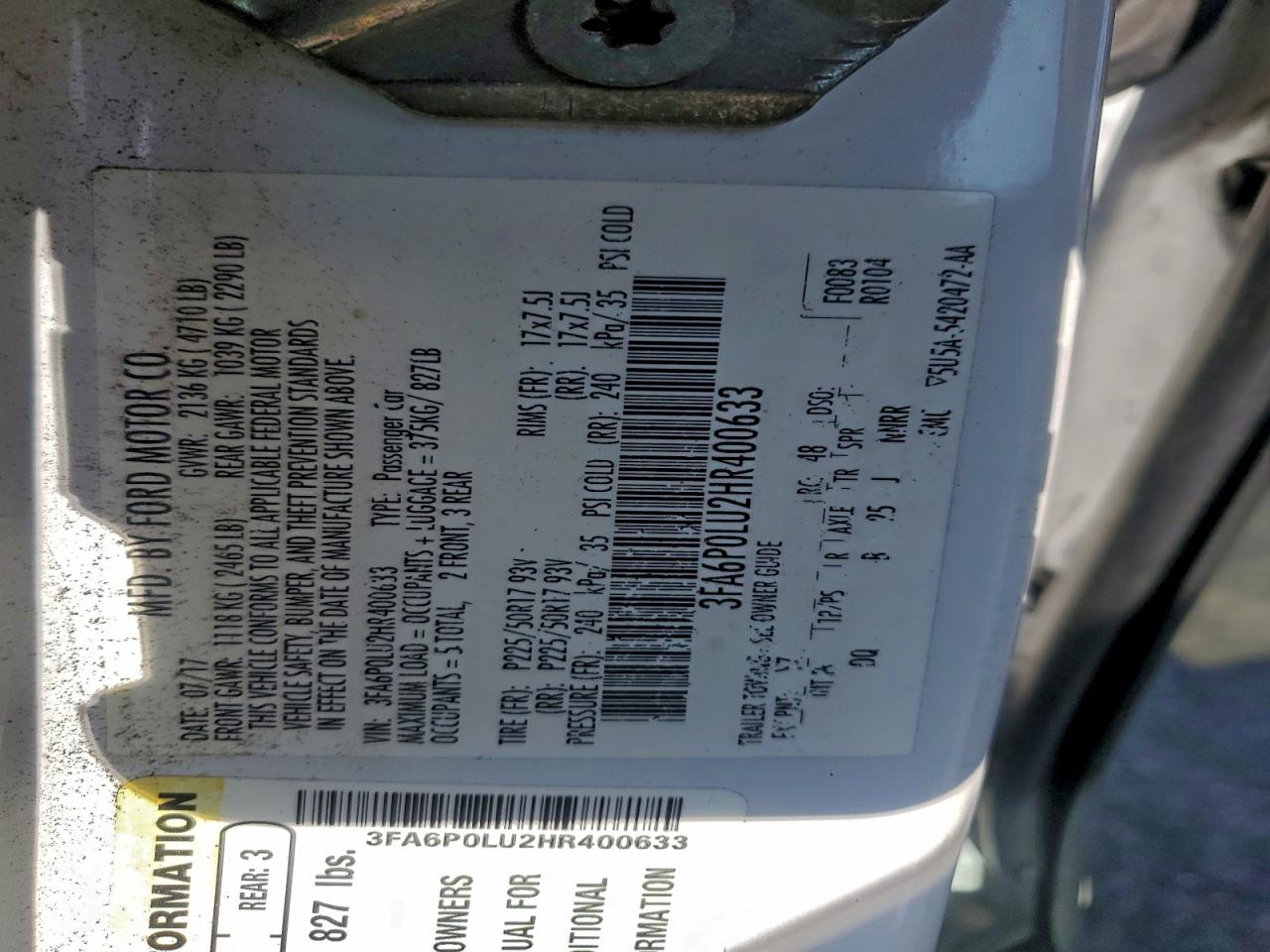 2017 Ford Fusion Se Hybrid VIN: 3FA6P0LU2HR400633 Lot: 94115185