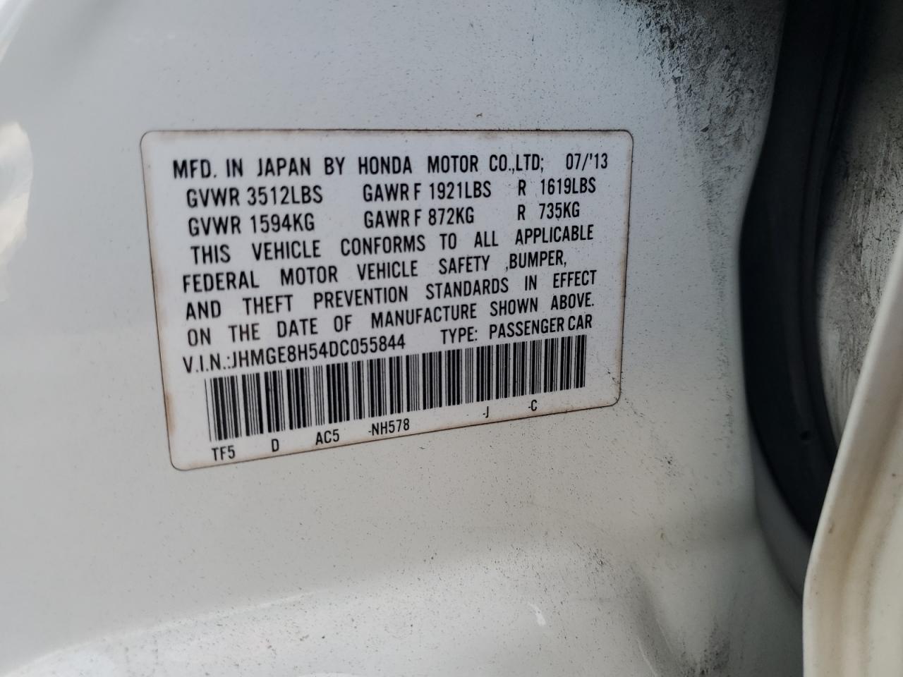 2013 Honda Fit Sport VIN: JHMGE8H54DC055844 Lot: 93629155