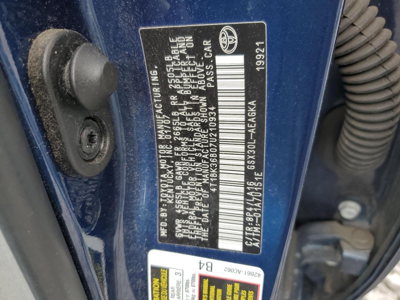 2007 Toyota Avalon Xl VIN: 4T1BK36B07U210934 Lot: 92096995