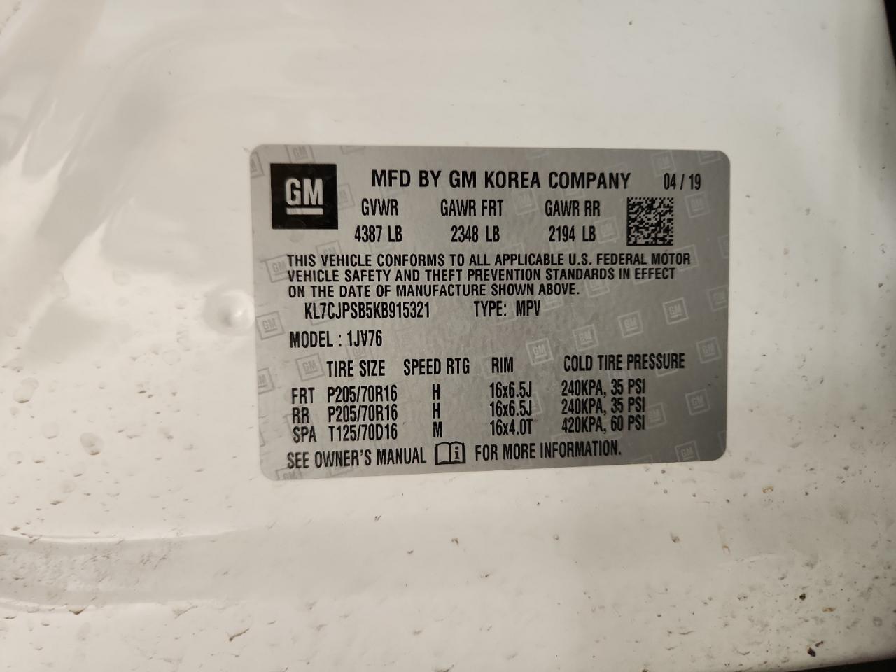 2019 Chevrolet Trax 1Lt VIN: KL7CJPSB5KB915321 Lot: 92091925