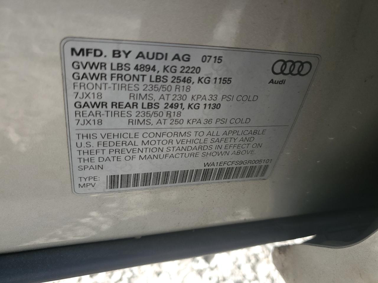 2016 Audi Q3 Premium Plus VIN: WA1EFCFS9GR005101 Lot: 92510275