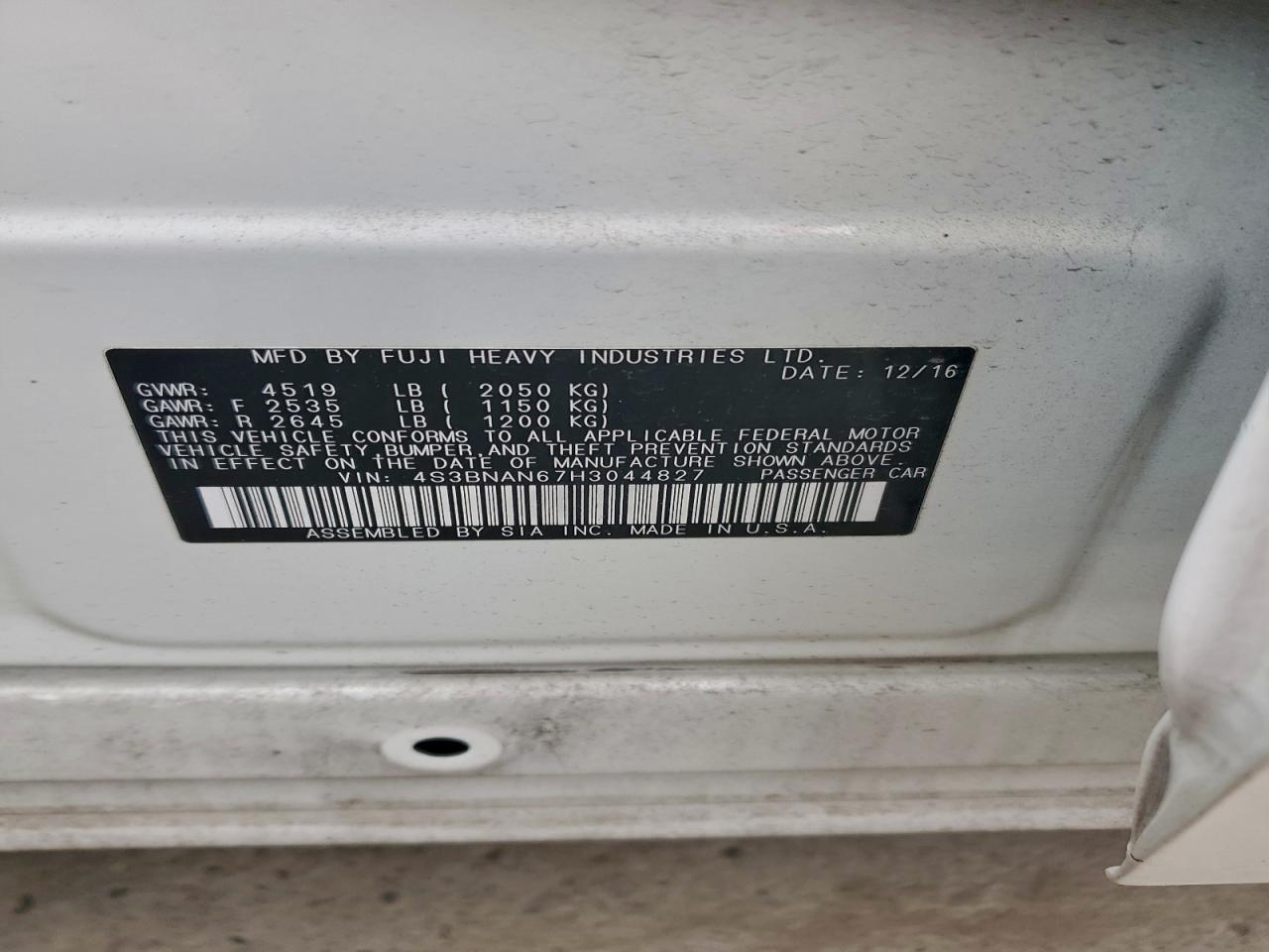 2017 Subaru Legacy 2.5I Limited VIN: 4S3BNAN67H3044827 Lot: 94630825