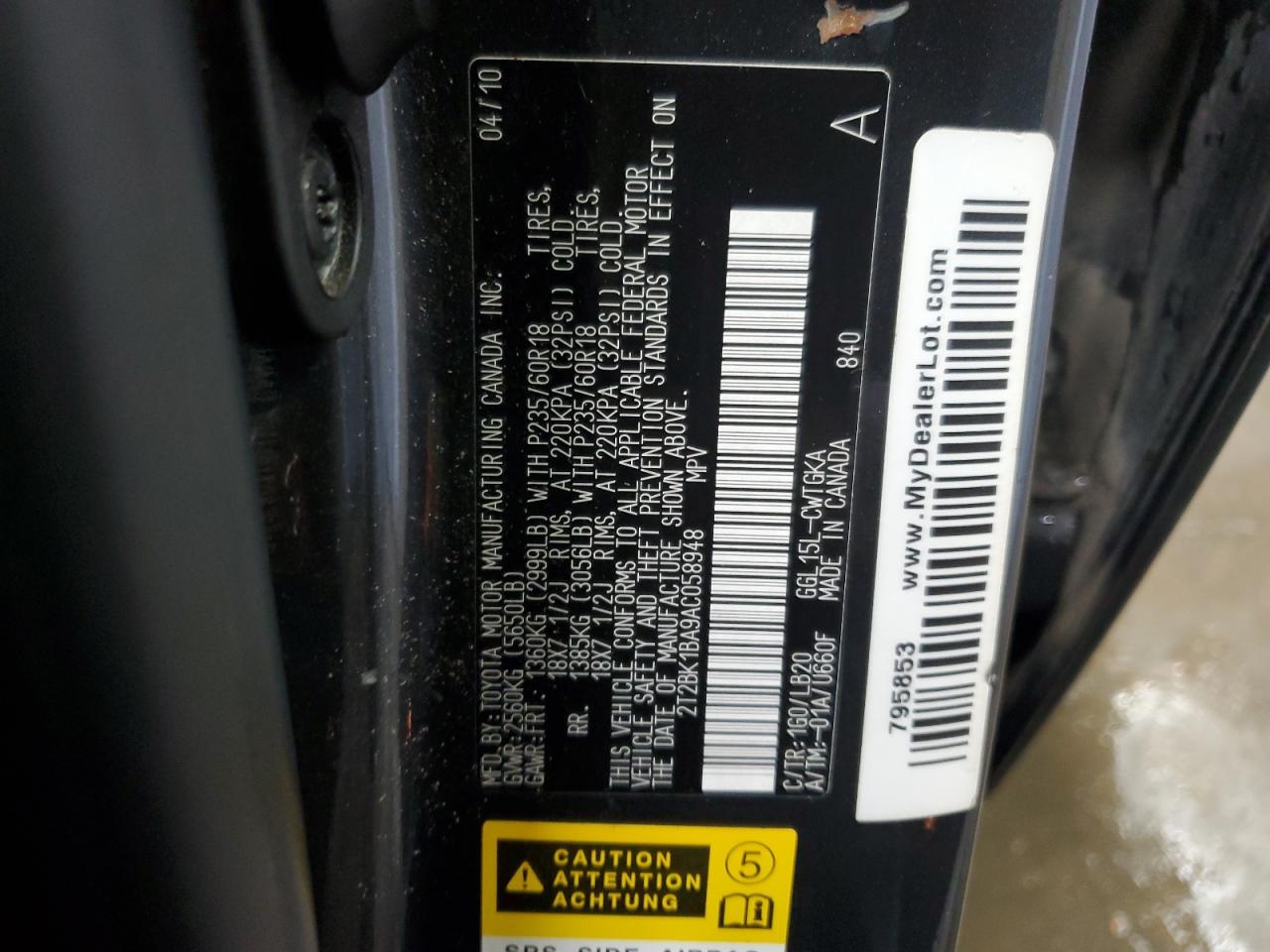 2010 Lexus Rx 350 VIN: 2T2BK1BA9AC058948 Lot: 92125145