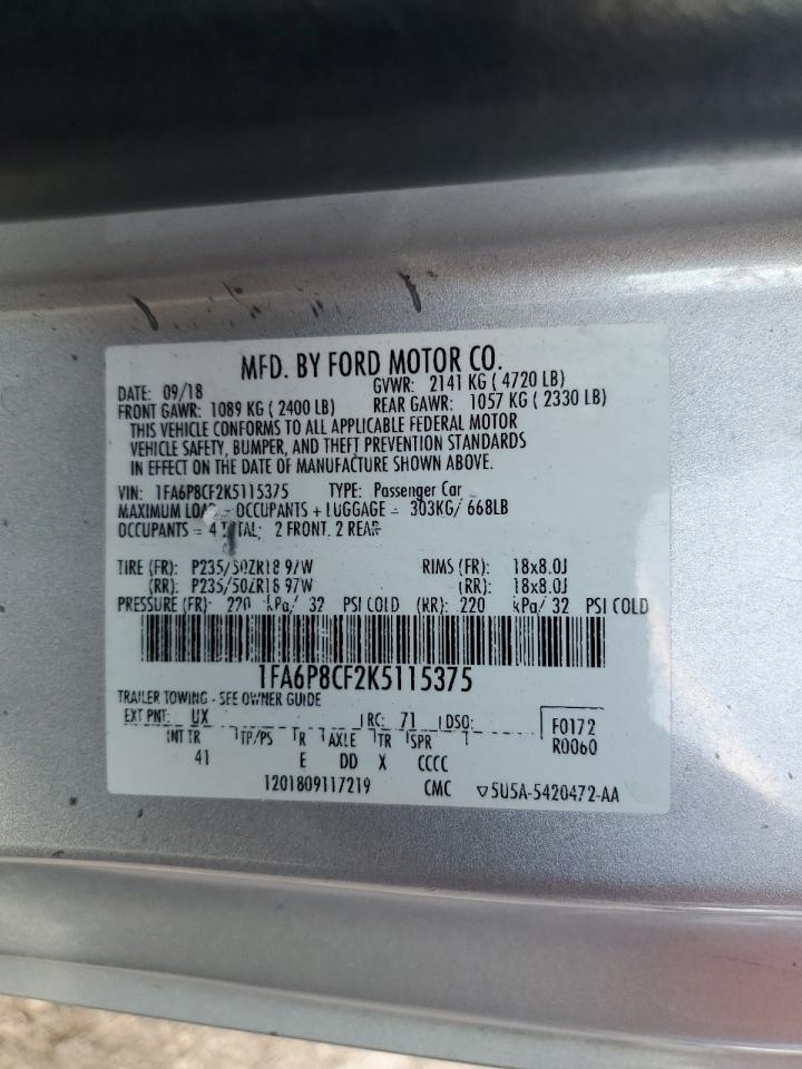 2019 Ford Mustang Gt VIN: 1FA6P8CF2K5115375 Lot: 91650275