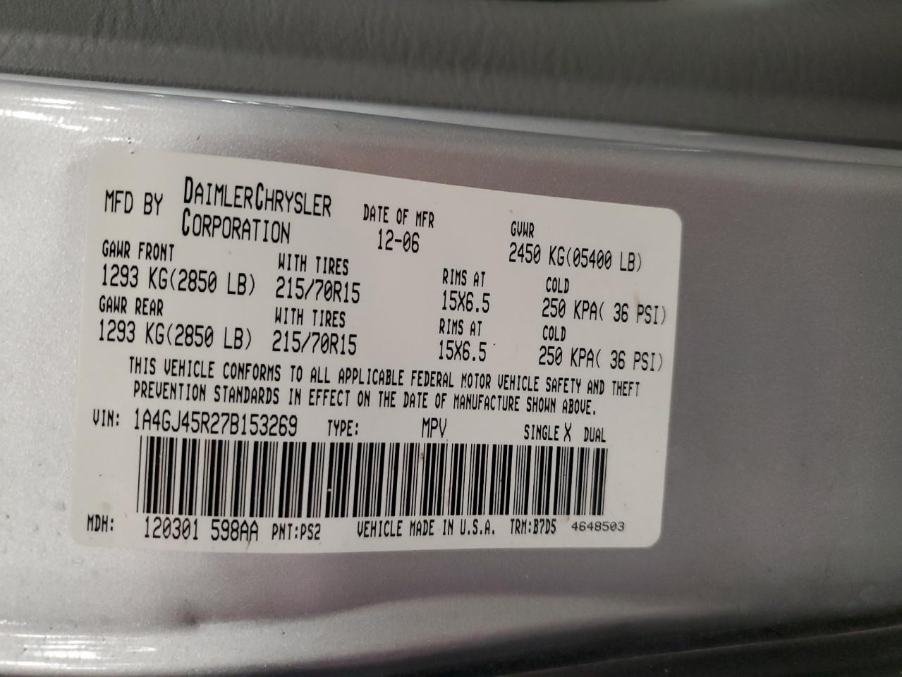 2007 Chrysler Town & Country Lx VIN: 1A4GJ45R27B153269 Lot: 91701945