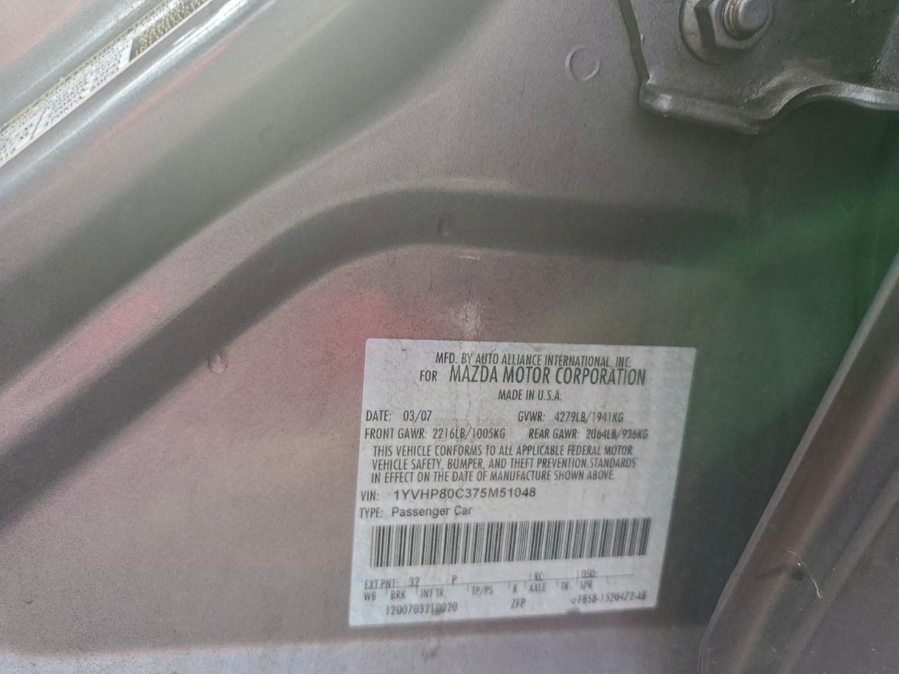 2007 Mazda 6 I VIN: 1YVHP80C375M51048 Lot: 94764515