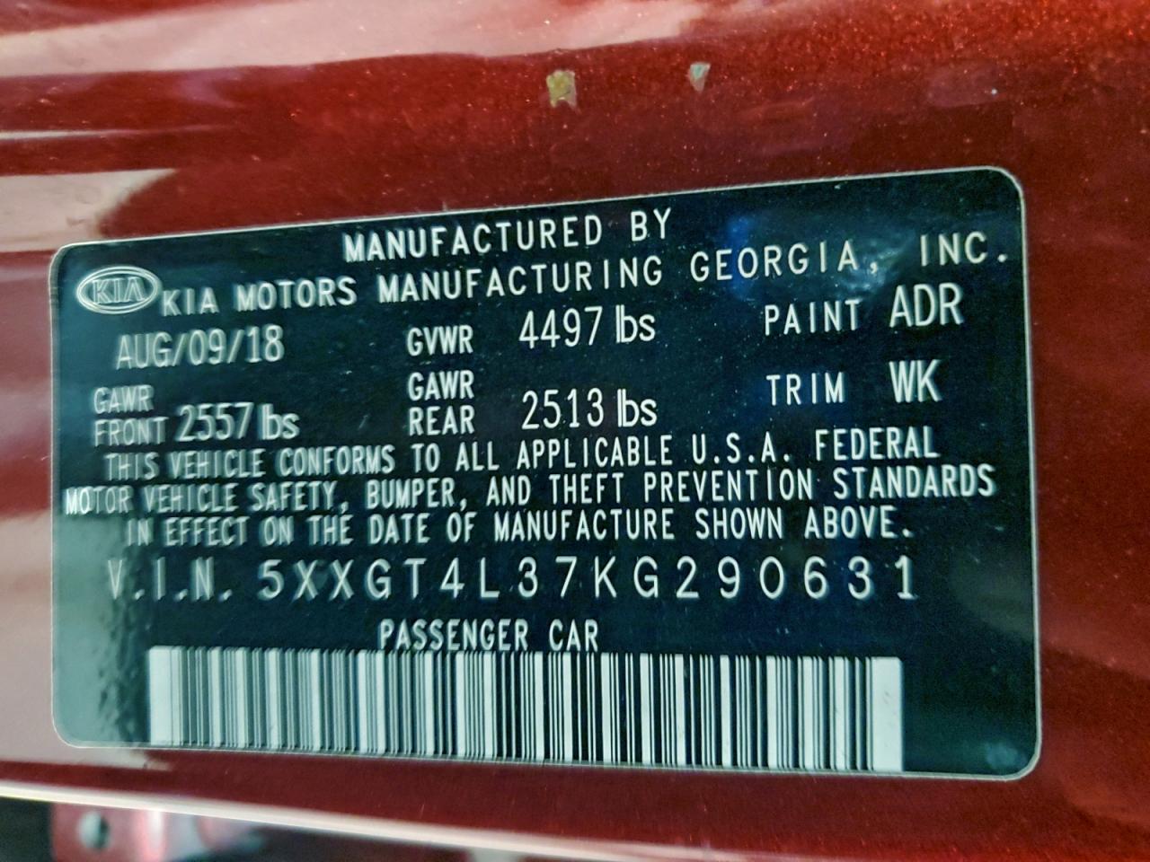 2019 Kia Optima Lx VIN: 5XXGT4L37KG290631 Lot: 94284585