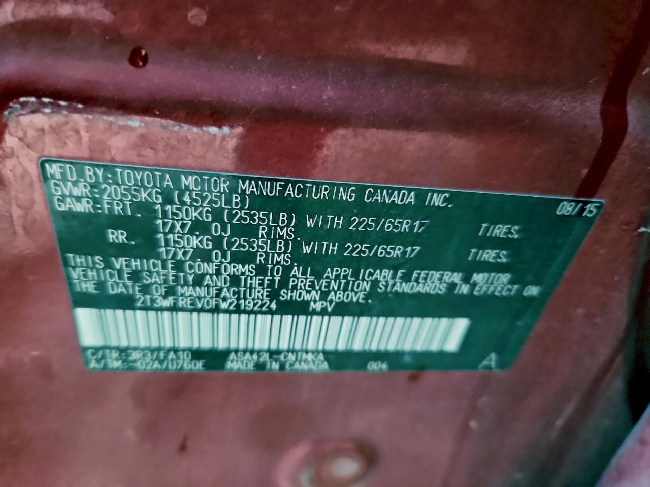 2015 Toyota Rav4 Xle VIN: 2T3WFREV0FW219224 Lot: 93363195